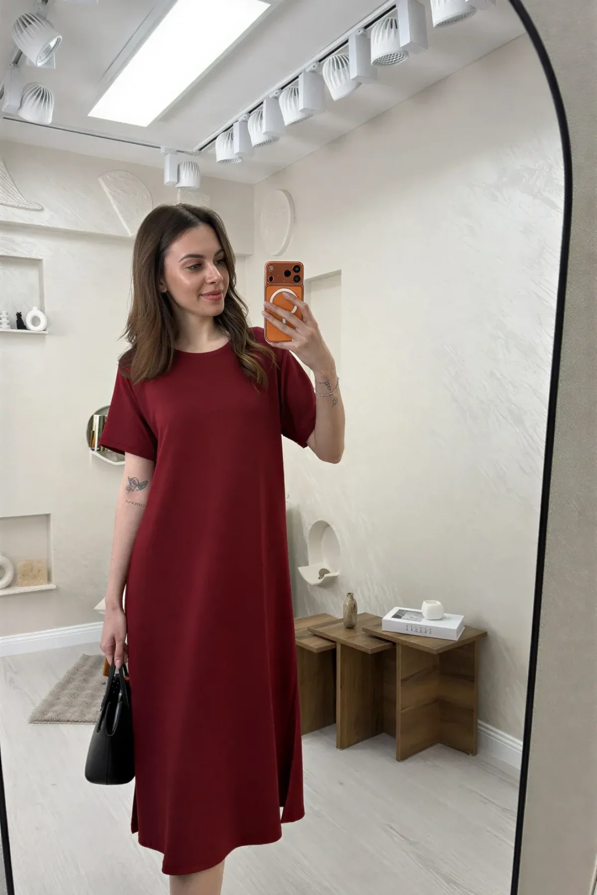 BİSİKLET YAKA MODAL KUMAŞ SALAŞ ELBİSE-BORDO