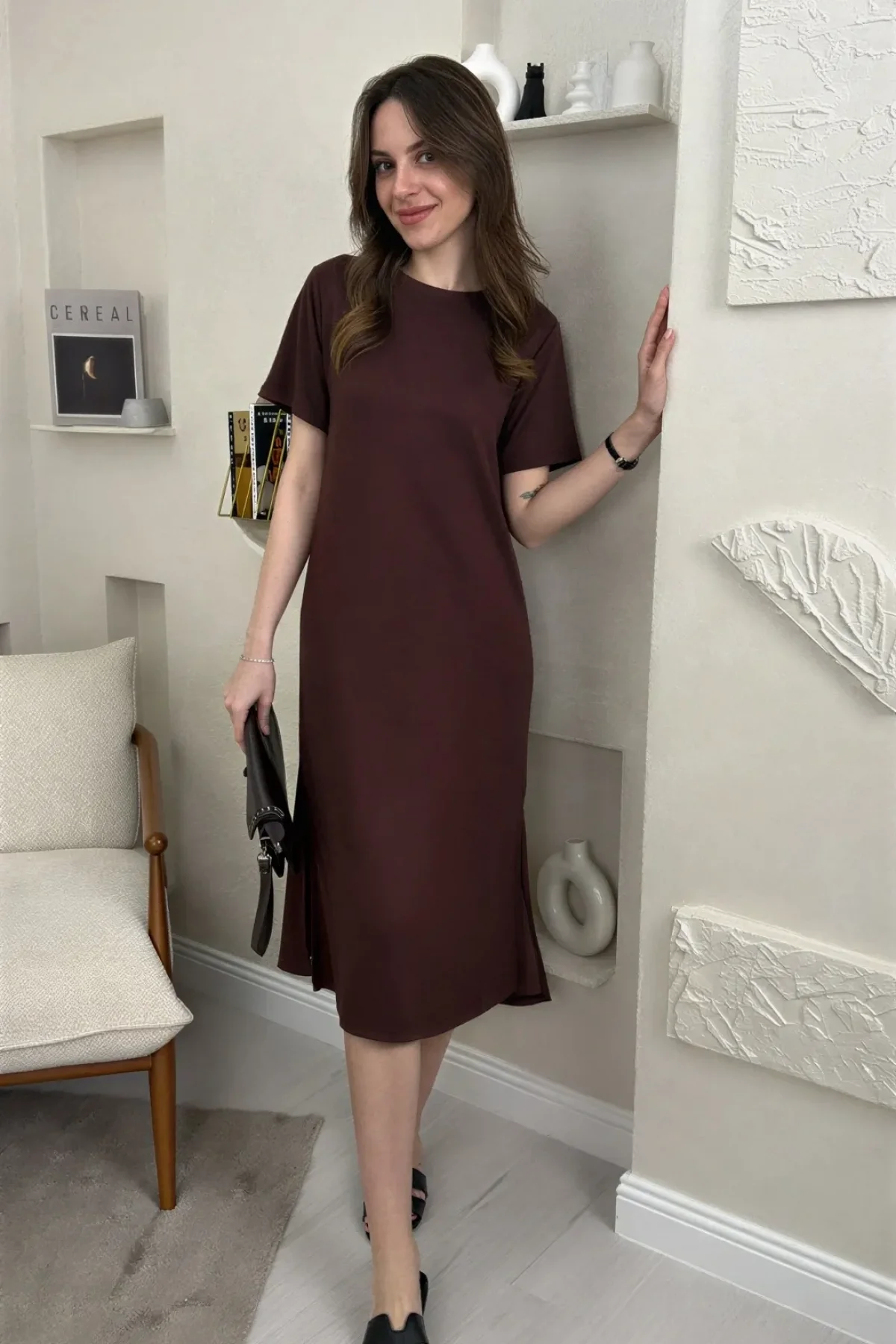 BİSİKLET YAKA MODAL KUMAŞ SALAŞ ELBİSE- KAHVE