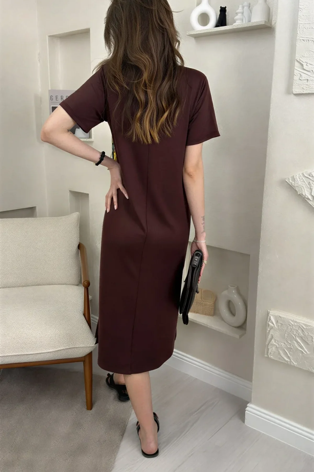 BİSİKLET YAKA MODAL KUMAŞ SALAŞ ELBİSE- KAHVE