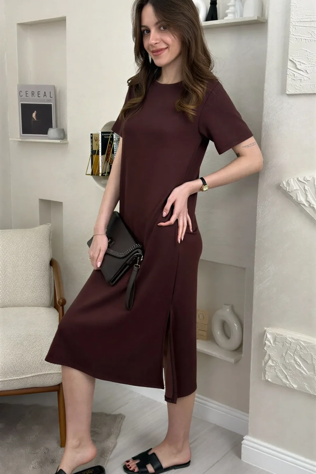 BİSİKLET YAKA MODAL KUMAŞ SALAŞ ELBİSE- KAHVE