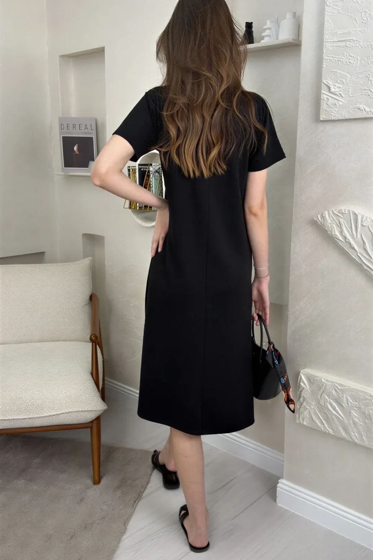 BİSİKLET YAKA MODAL KUMAŞ SALAŞ ELBİSE- SİYAH