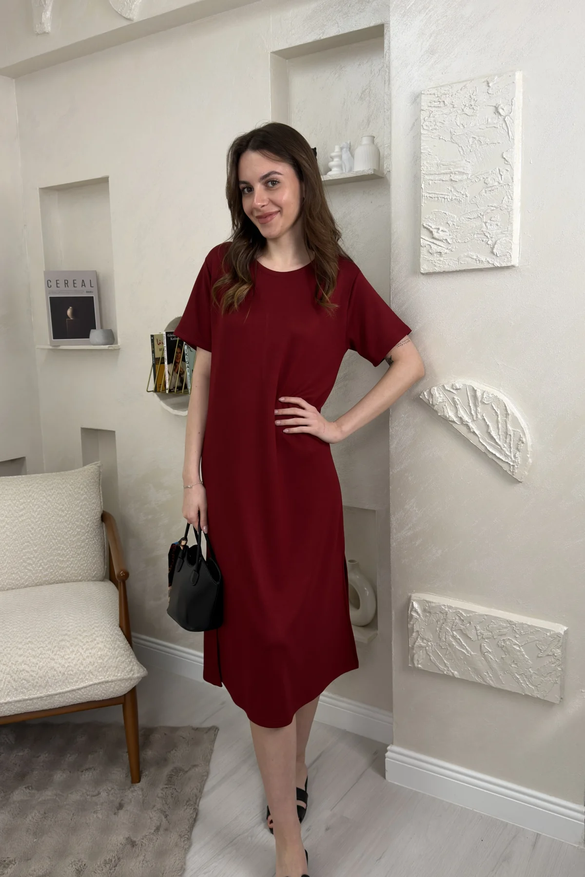 BİSİKLET YAKA MODAL KUMAŞ SALAŞ ELBİSE-BORDO