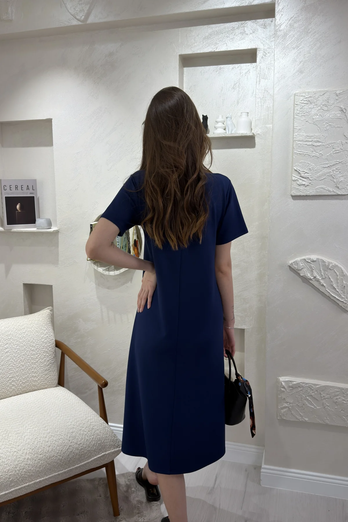 BİSİKLET YAKA MODAL KUMAŞ SALAŞ ELBİSE- LACİVERT