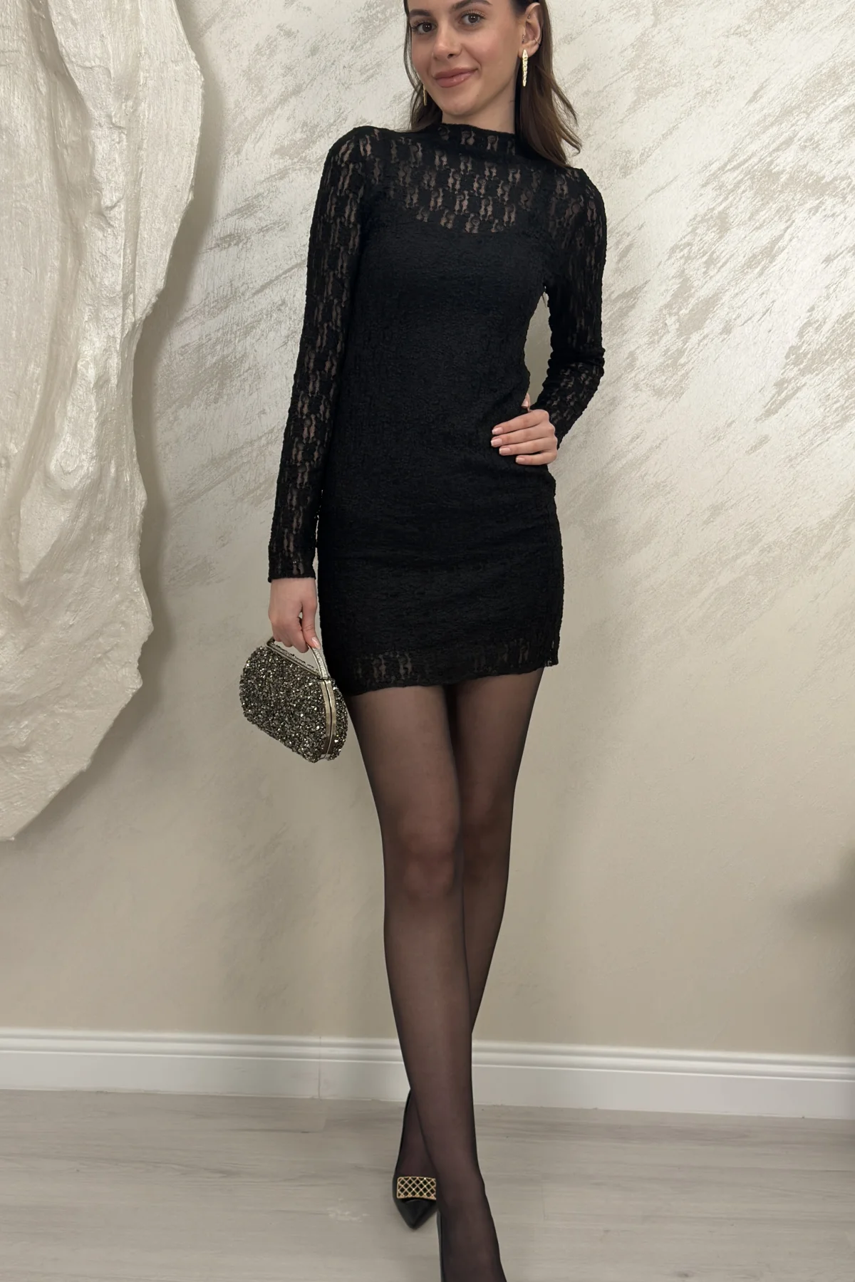 ASİMETRİK ASTARLI TRANSPARAN MİNİ ELBİSE- SİYAH