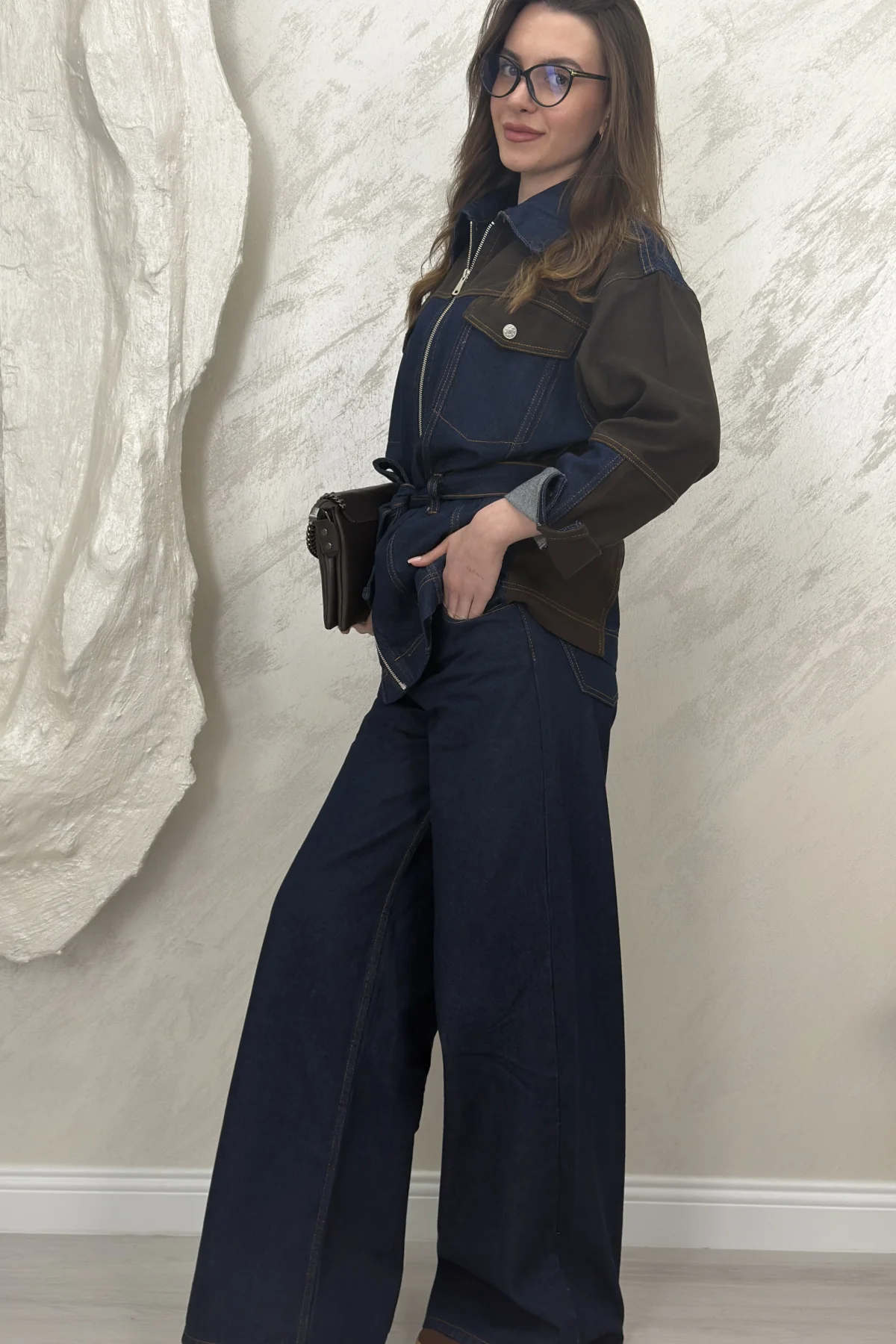 ÇİFT RENK DENİM KUŞAKLI İKİLİ TAKIM