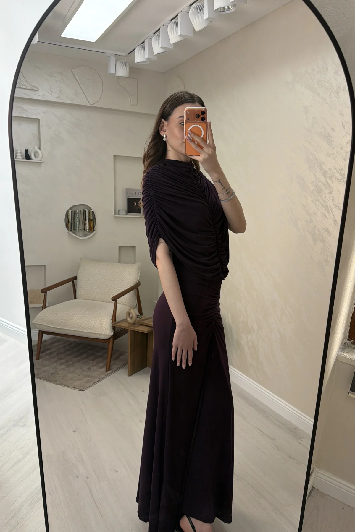 DRAPE DETAYLI DAVET ELBİSESİ-MÜRDÜM