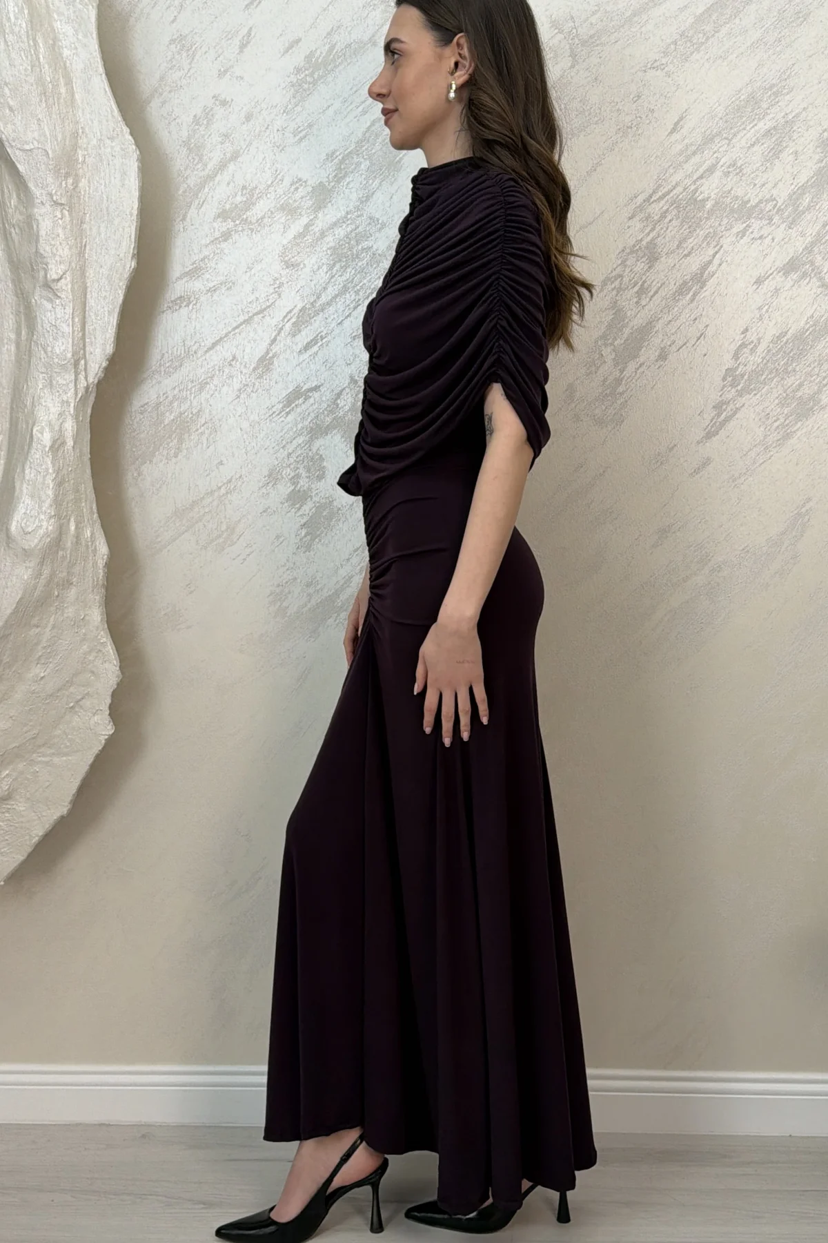 DRAPE DETAYLI DAVET ELBİSESİ-MÜRDÜM