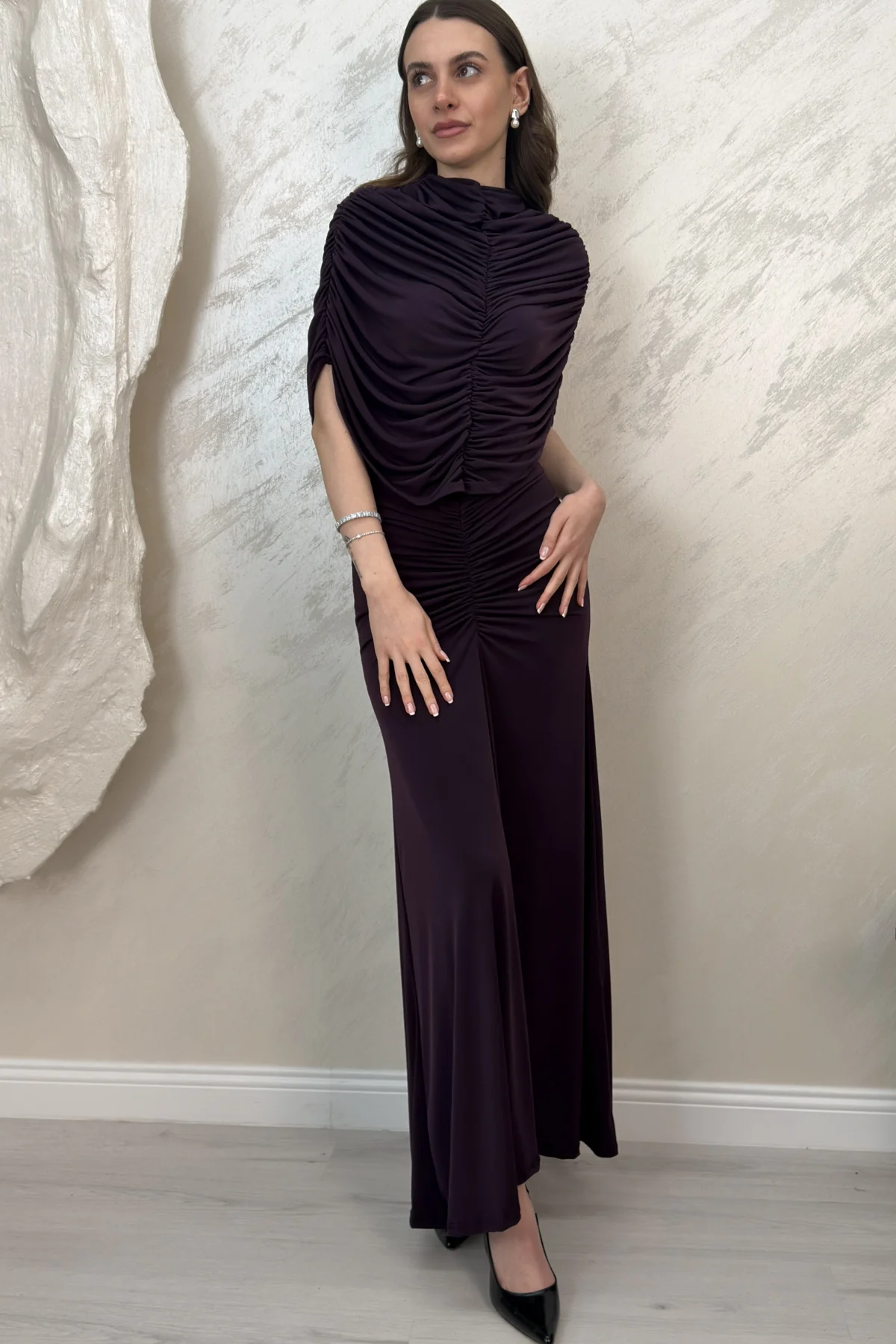 DRAPE DETAYLI DAVET ELBİSESİ-MÜRDÜM