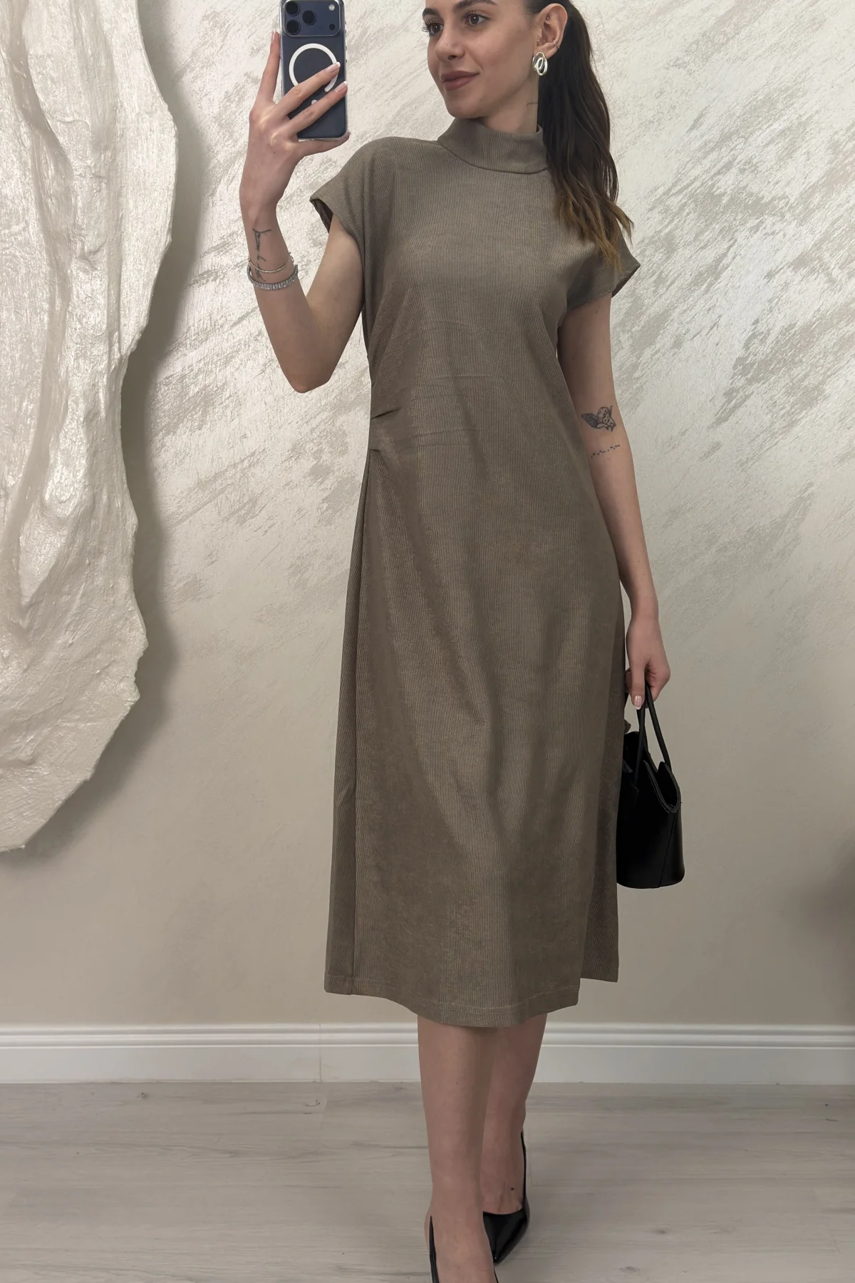 PİLE DETAYLI MUADİL MİDİ ELBİSE- KREM