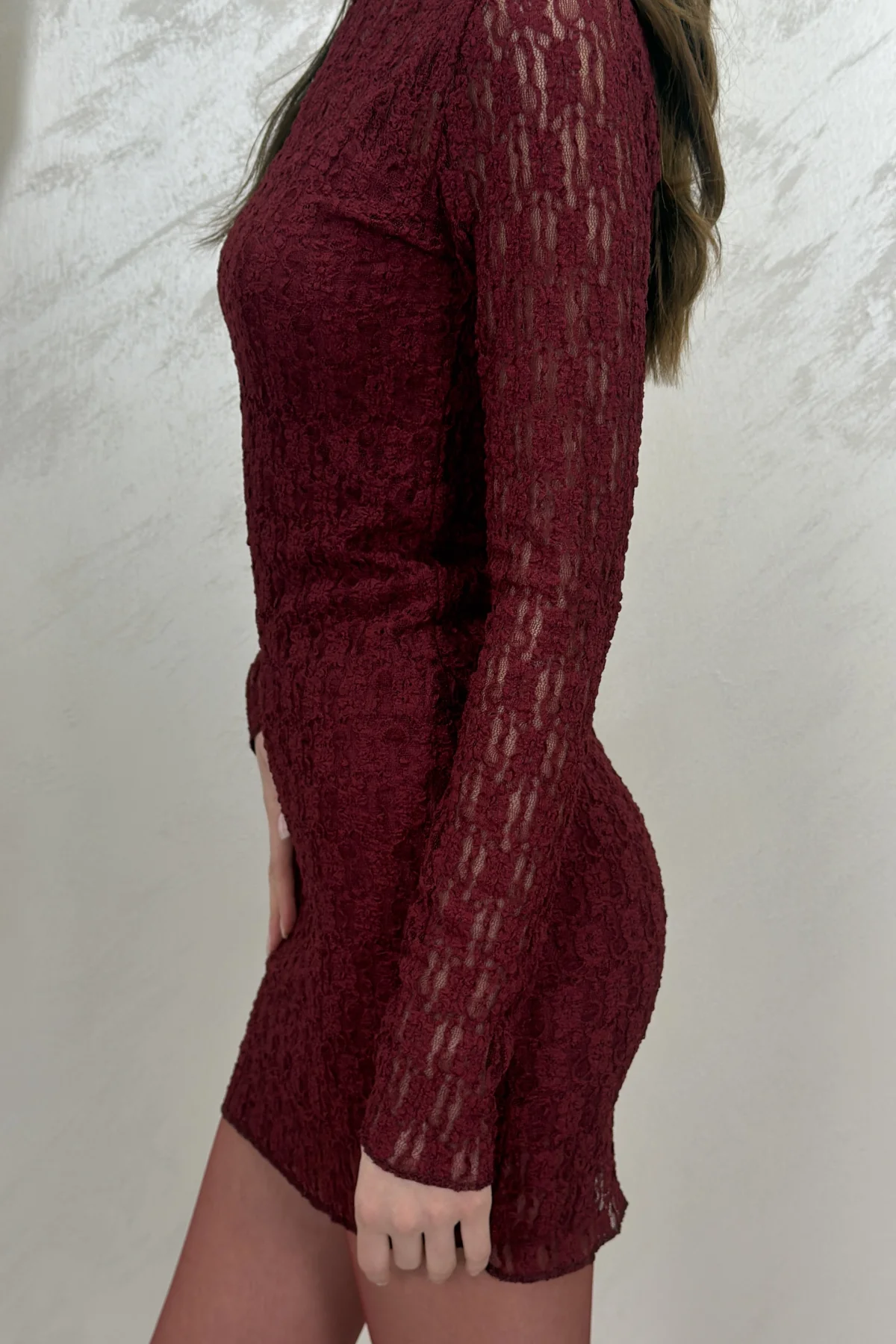 ASİMETRİK ASTARLI TRANSPARAN MİNİ ELBİSE- BORDO