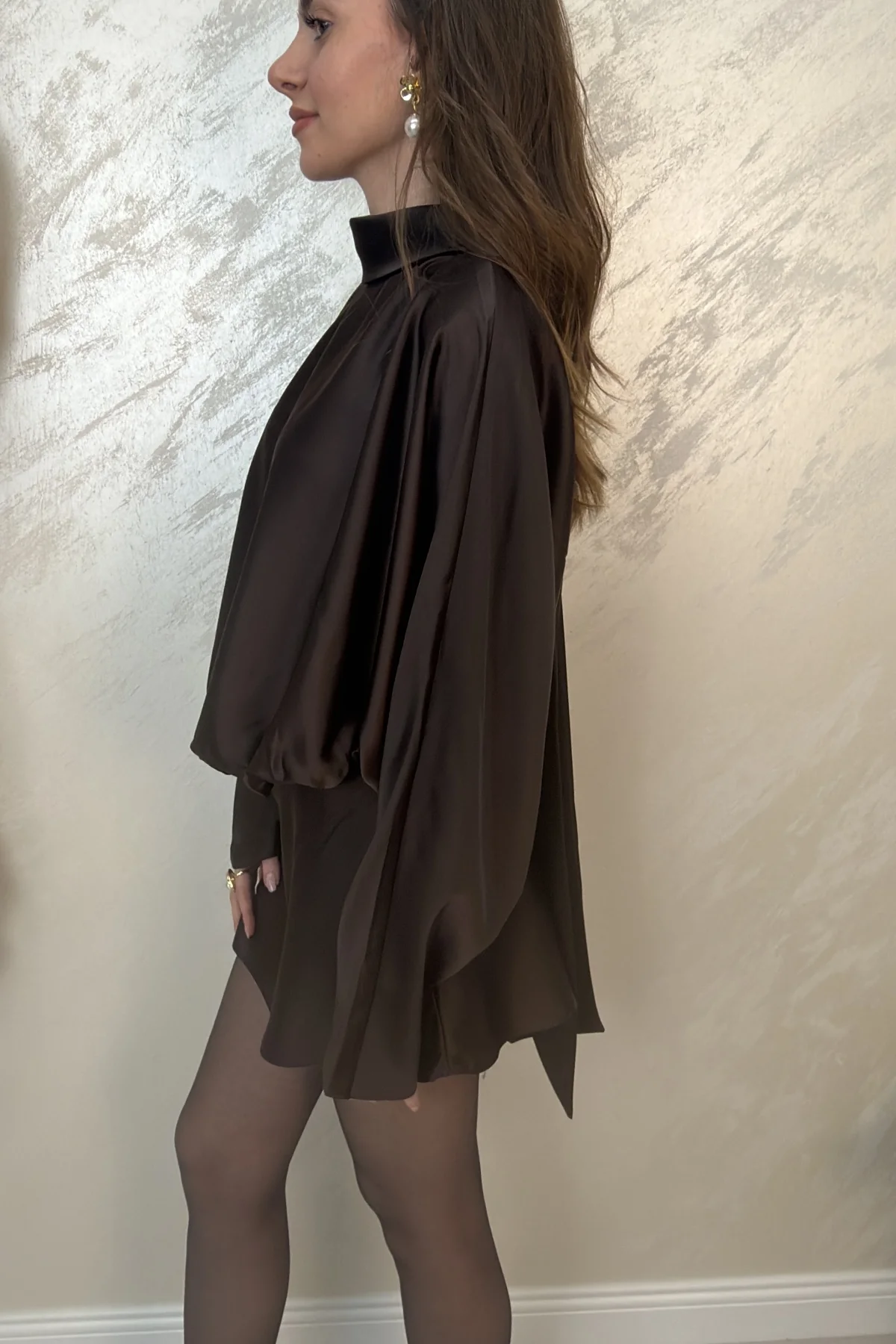 SATEN FULAR DETAYLI MİNİ ELBİSE- KAHVE