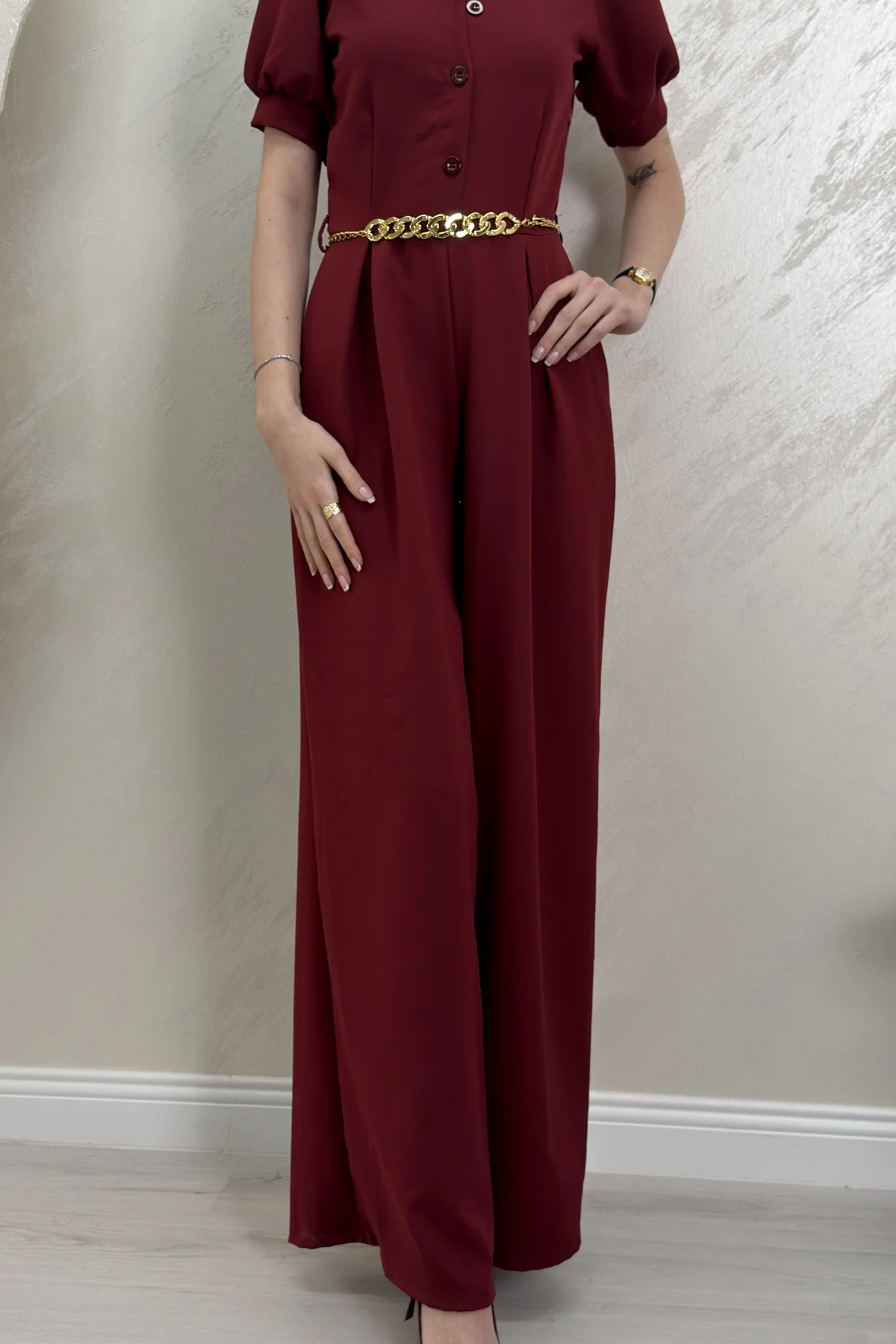 ÖNÜ DÜĞME DETAYLI BALON KOL TULUM- BORDO