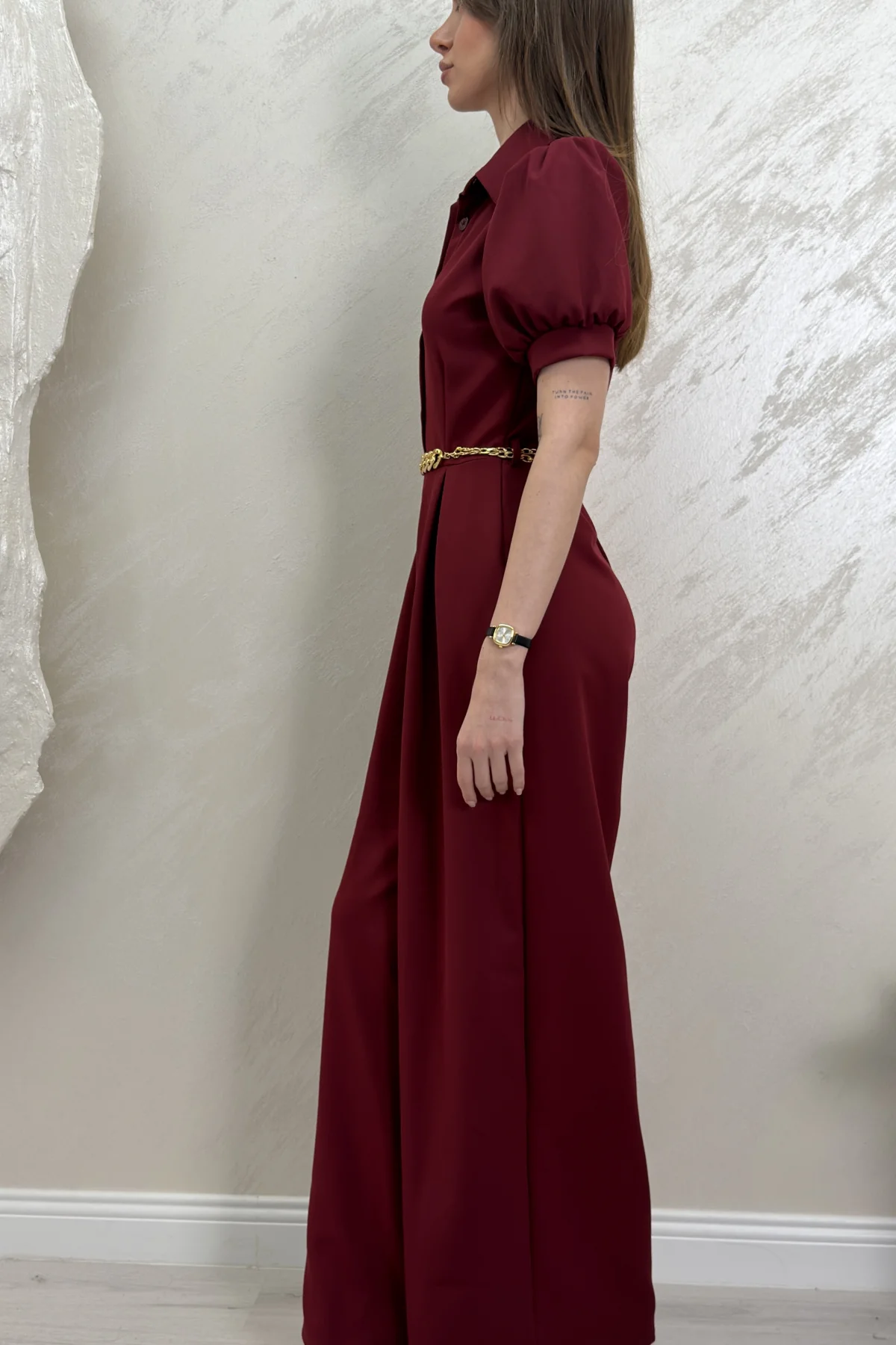 ÖNÜ DÜĞME DETAYLI BALON KOL TULUM- BORDO