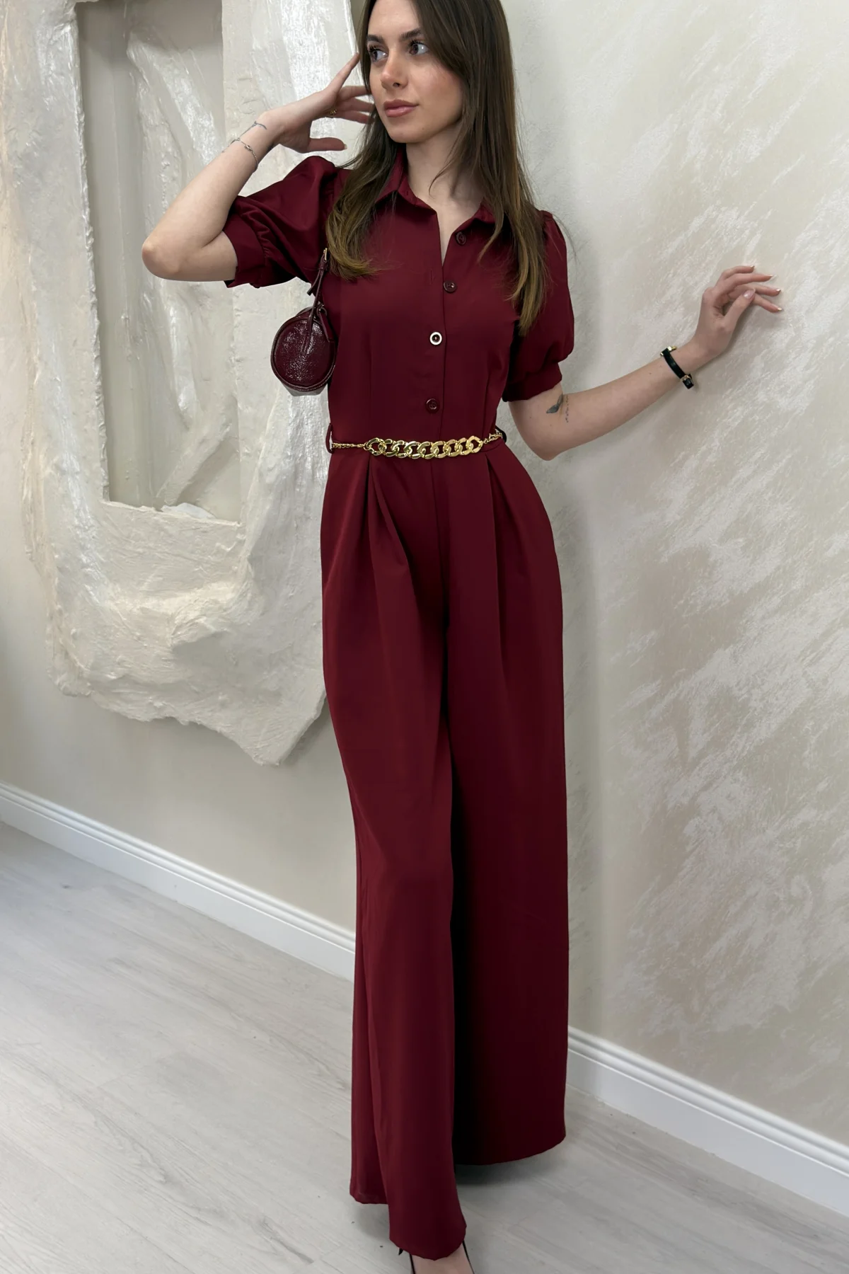 ÖNÜ DÜĞME DETAYLI BALON KOL TULUM- BORDO