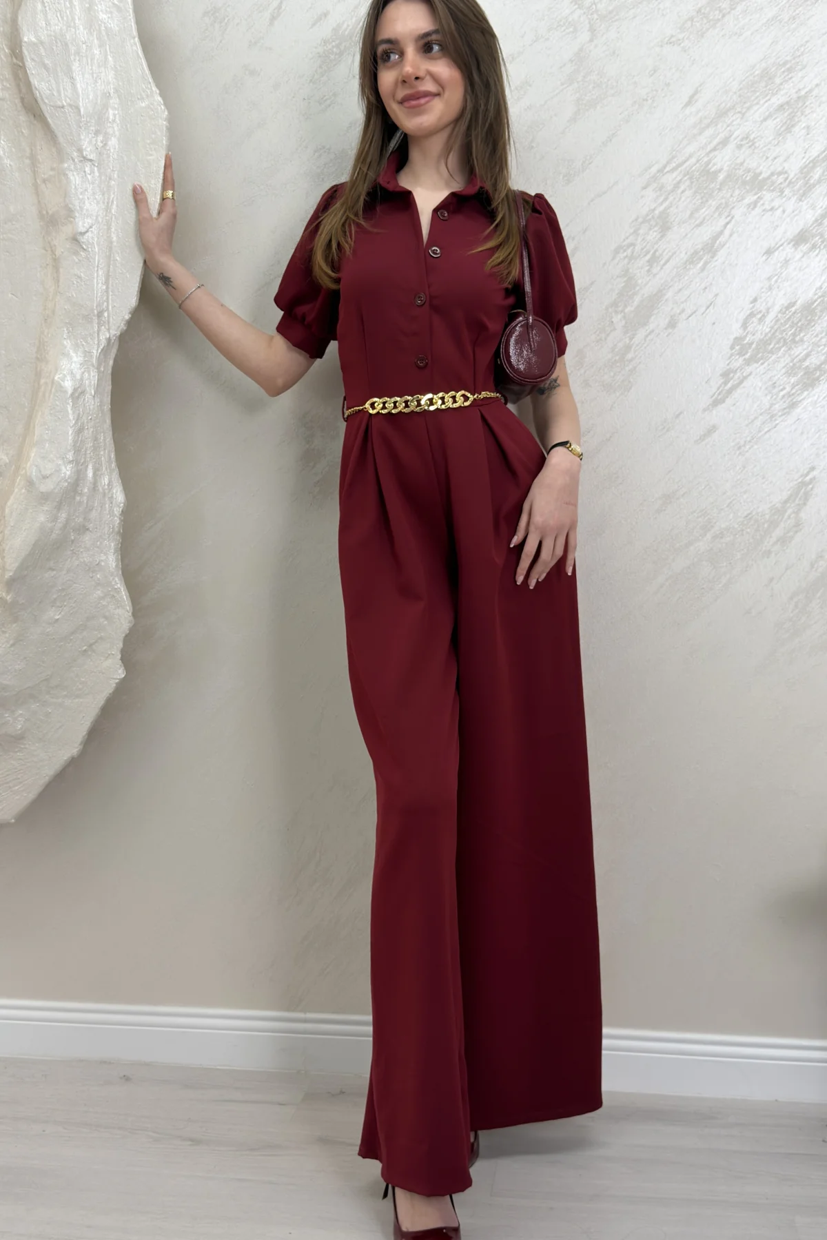 ÖNÜ DÜĞME DETAYLI BALON KOL TULUM- BORDO