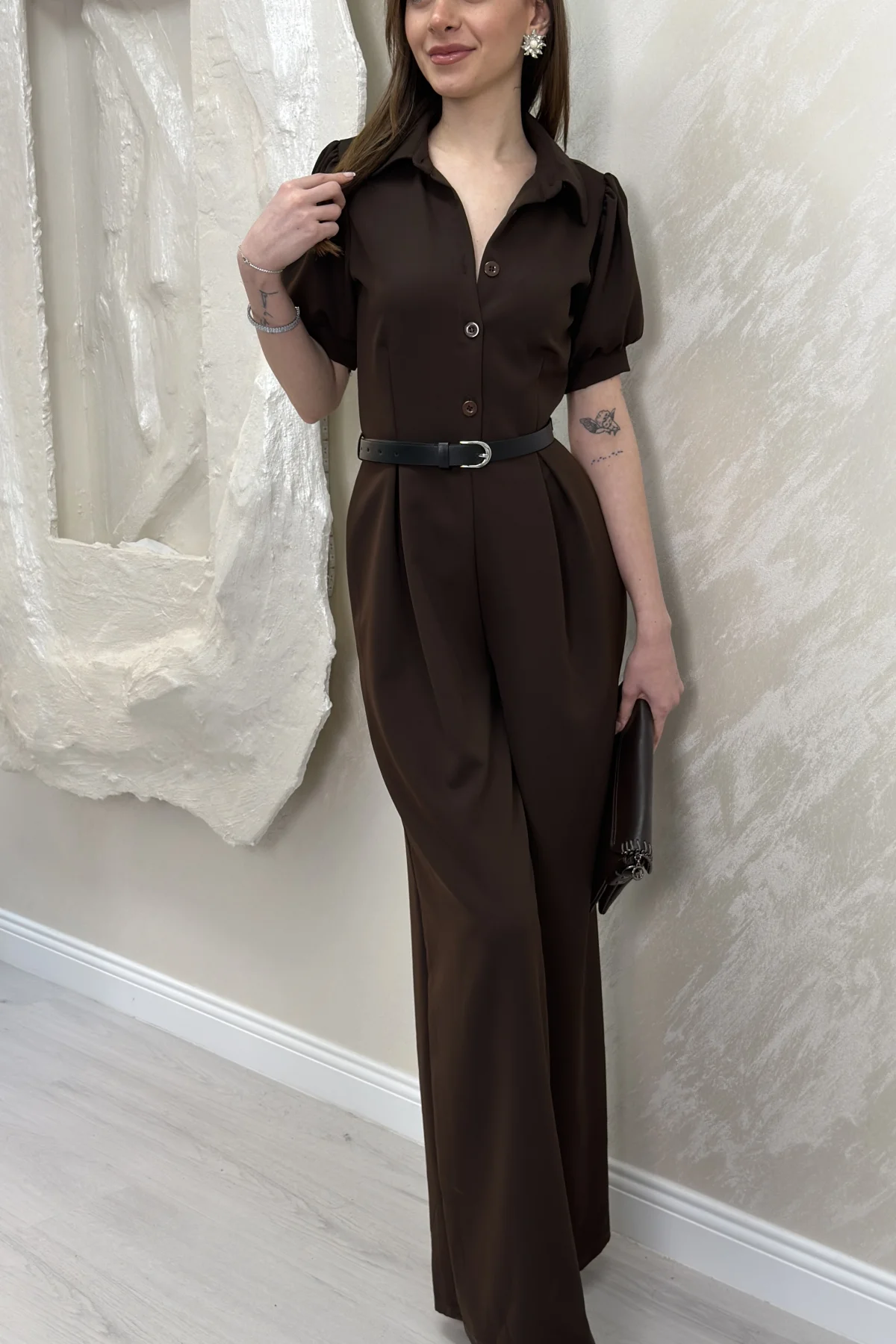 ÖNÜ DÜĞME DETAYLI BALON KOL TULUM- KAHVERENGİ