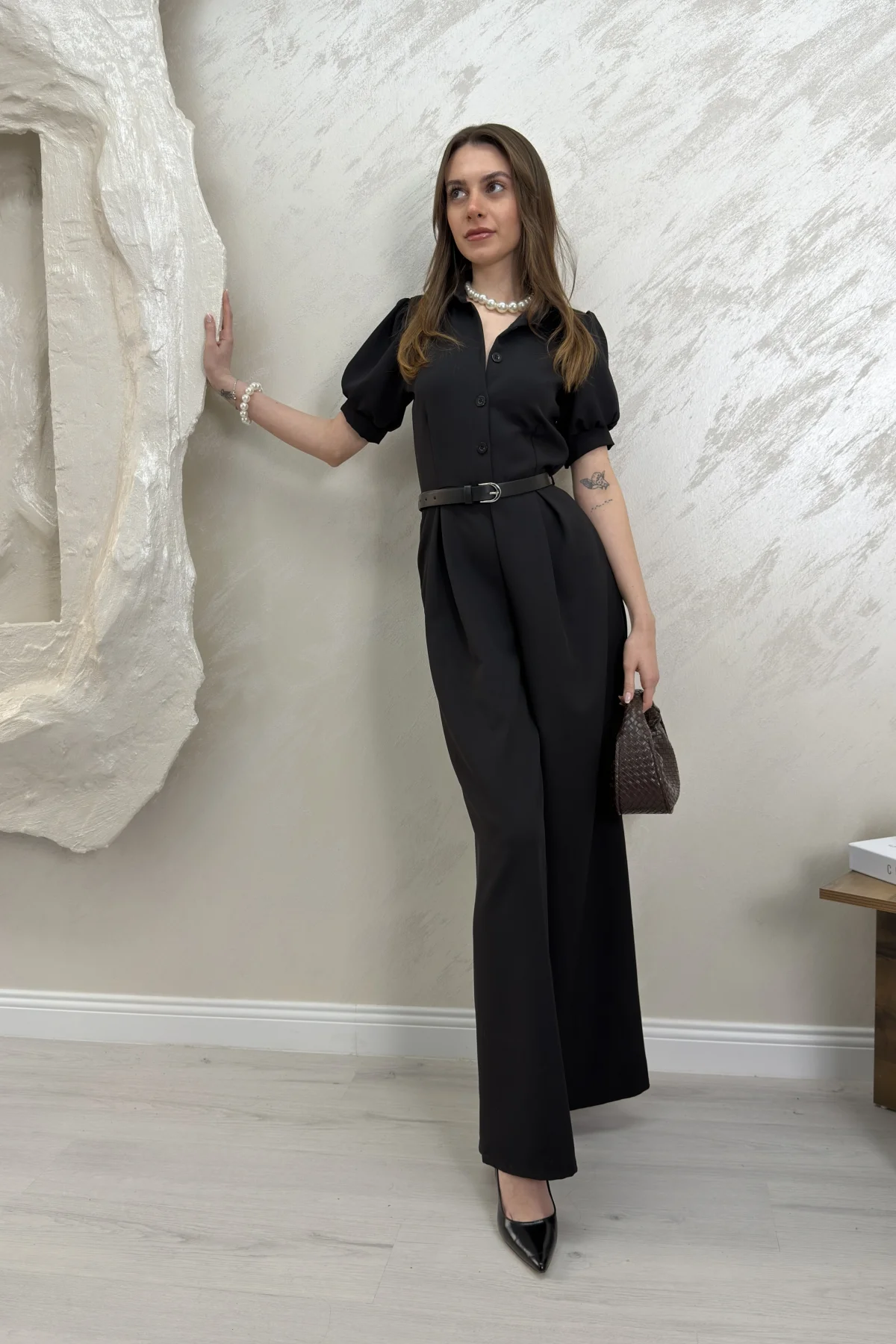 ÖNÜ DÜĞME DETAYLI BALON KOL TULUM- SİYAH