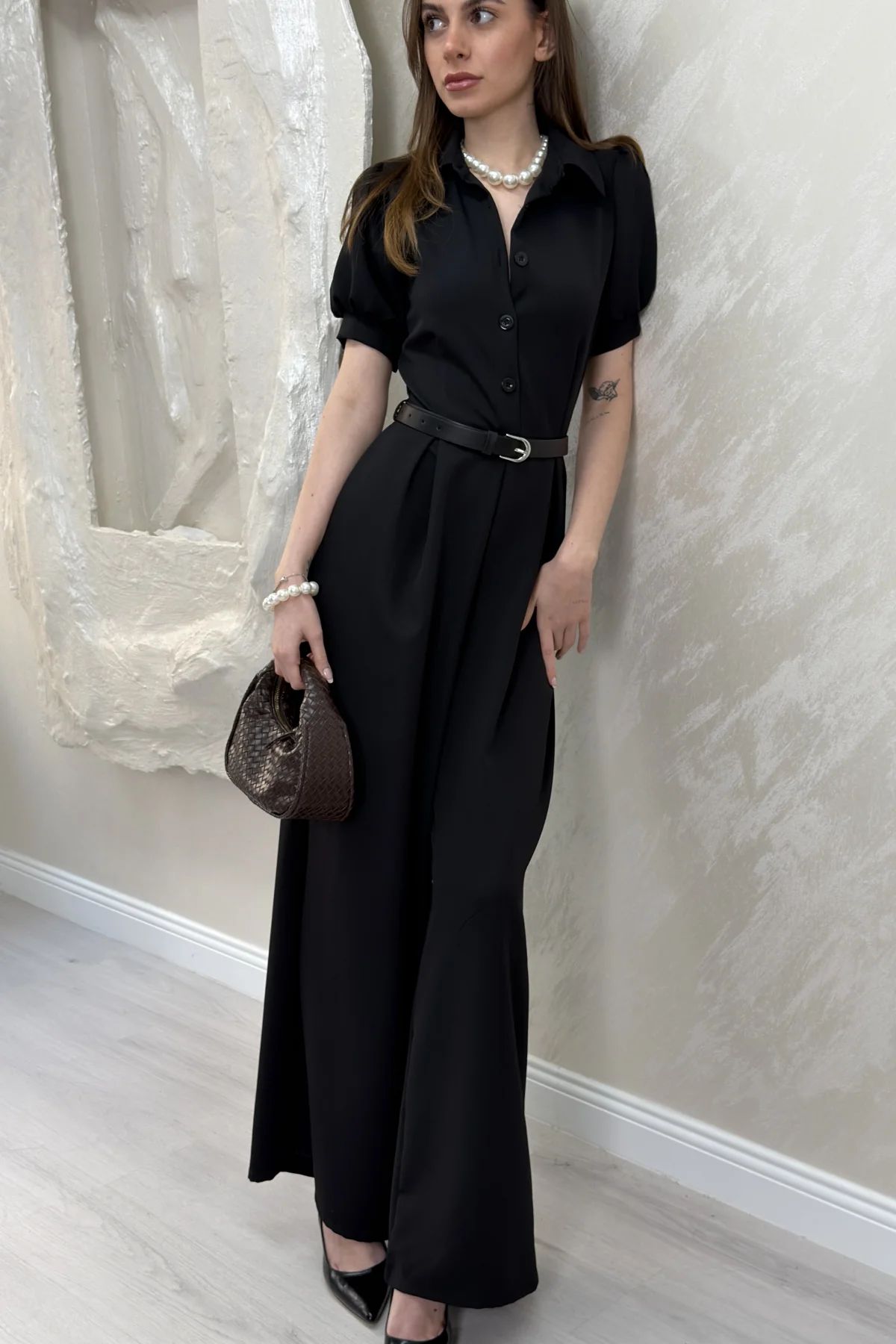 ÖNÜ DÜĞME DETAYLI BALON KOL TULUM- SİYAH