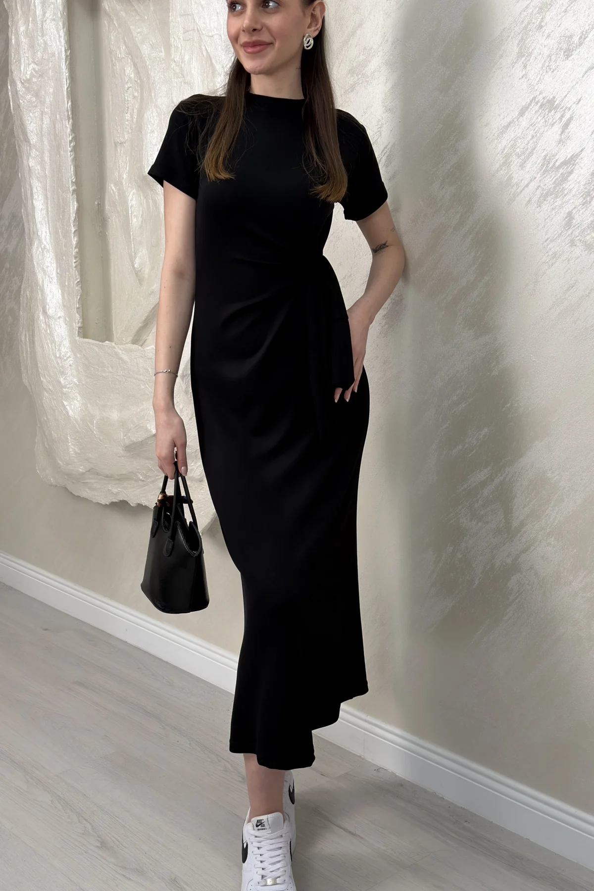 BELİ BAĞLAMALI MODAL KUMAŞ ELBİSE- SİYAH