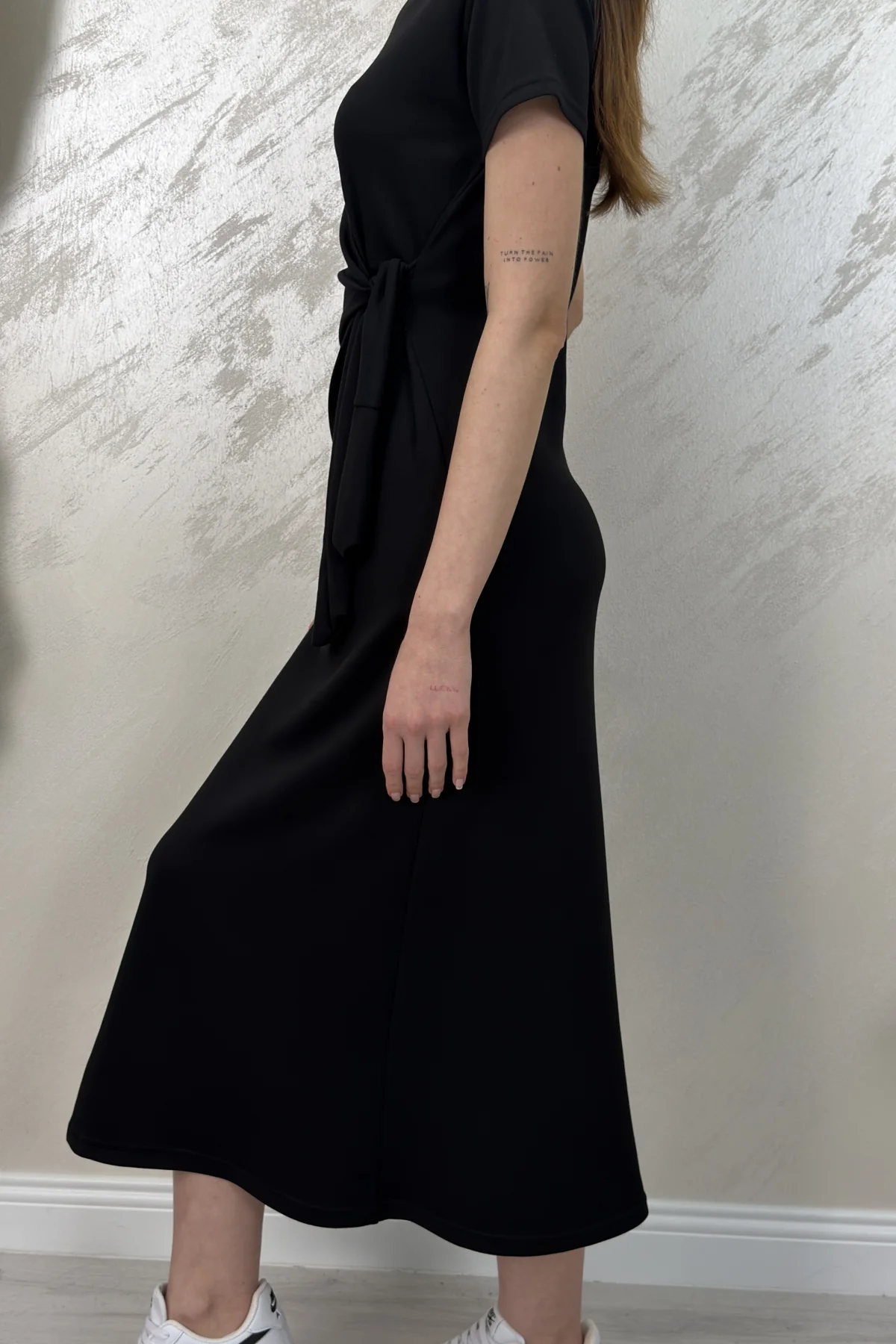 BELİ BAĞLAMALI MODAL KUMAŞ ELBİSE- SİYAH