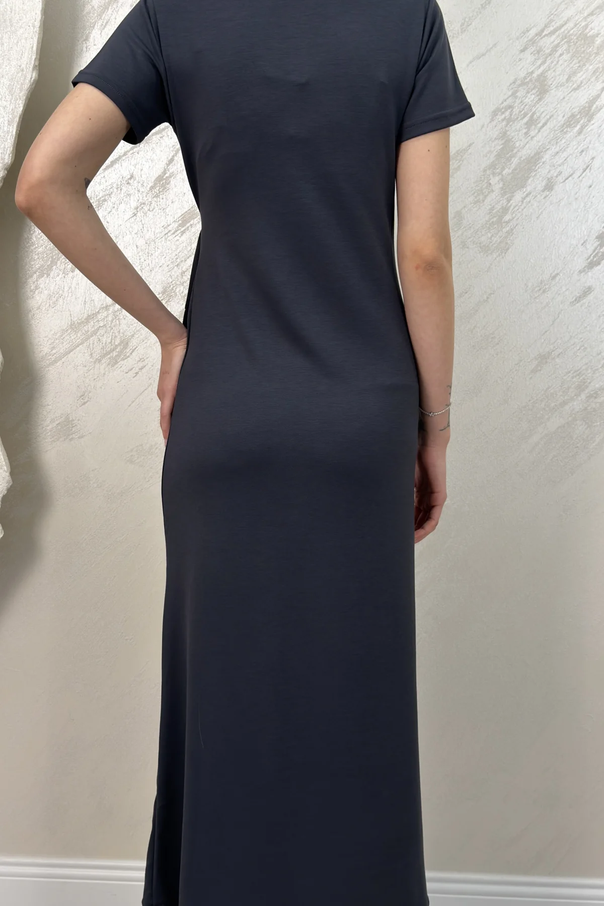 BELİ BAĞLAMALI MODAL KUMAŞ ELBİSE- GRİ