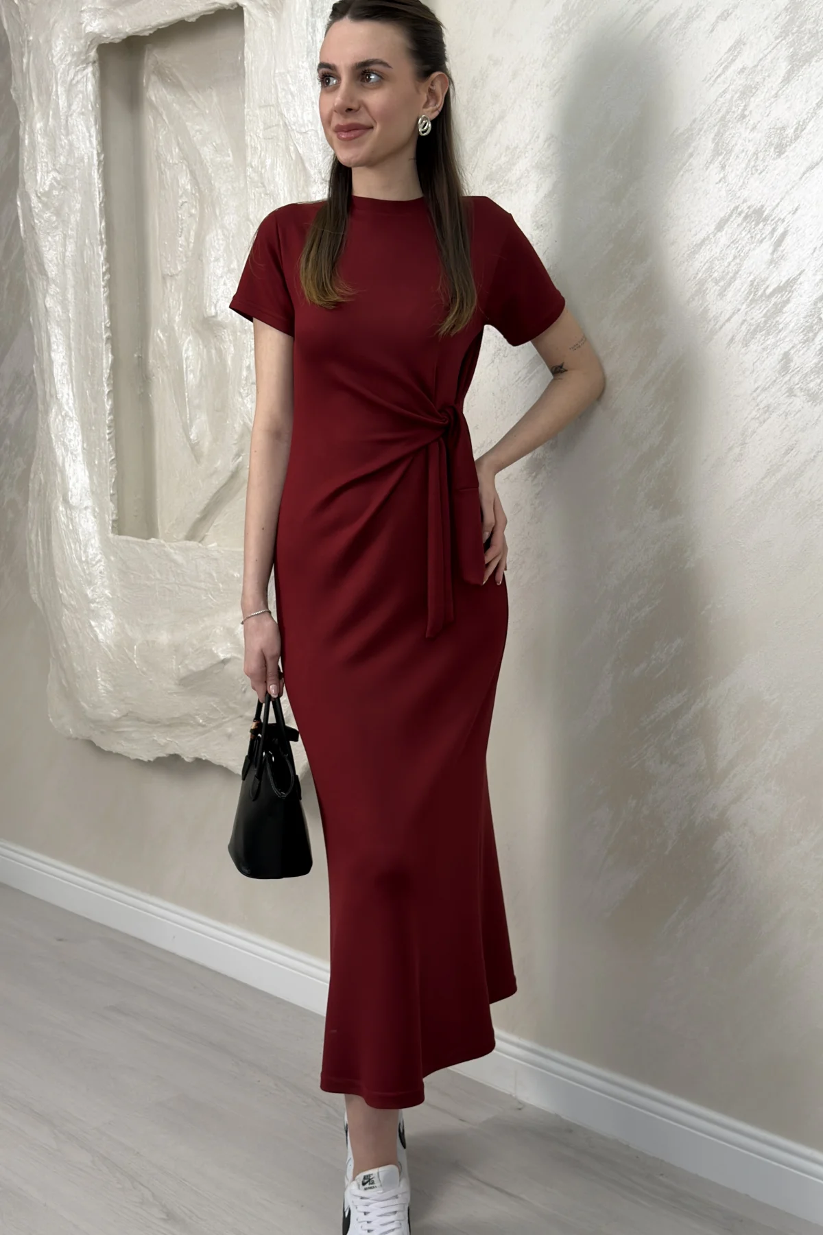 BELİ BAĞLAMALI MODAL KUMAŞ ELBİSE- BORDO