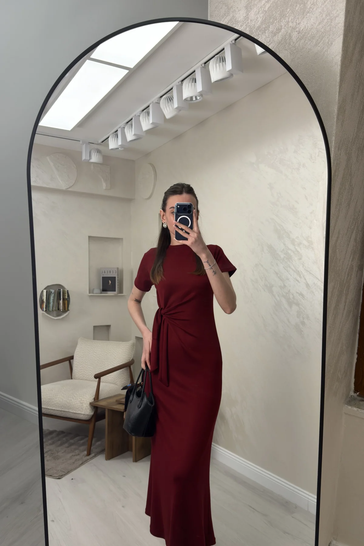 BELİ BAĞLAMALI MODAL KUMAŞ ELBİSE- BORDO