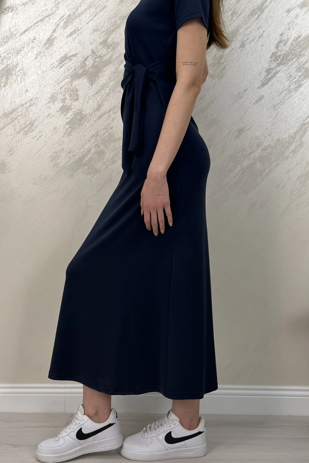 BELİ BAĞLAMALI MODAL KUMAŞ ELBİSE- LACİVERT