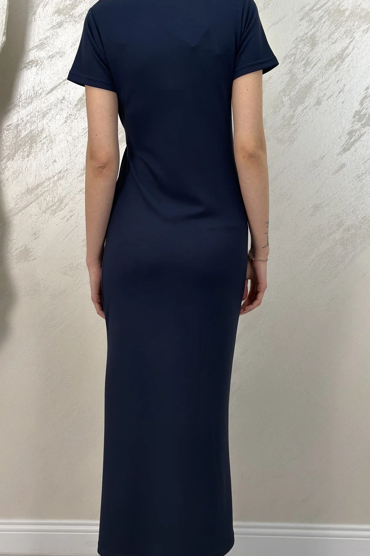 BELİ BAĞLAMALI MODAL KUMAŞ ELBİSE- LACİVERT