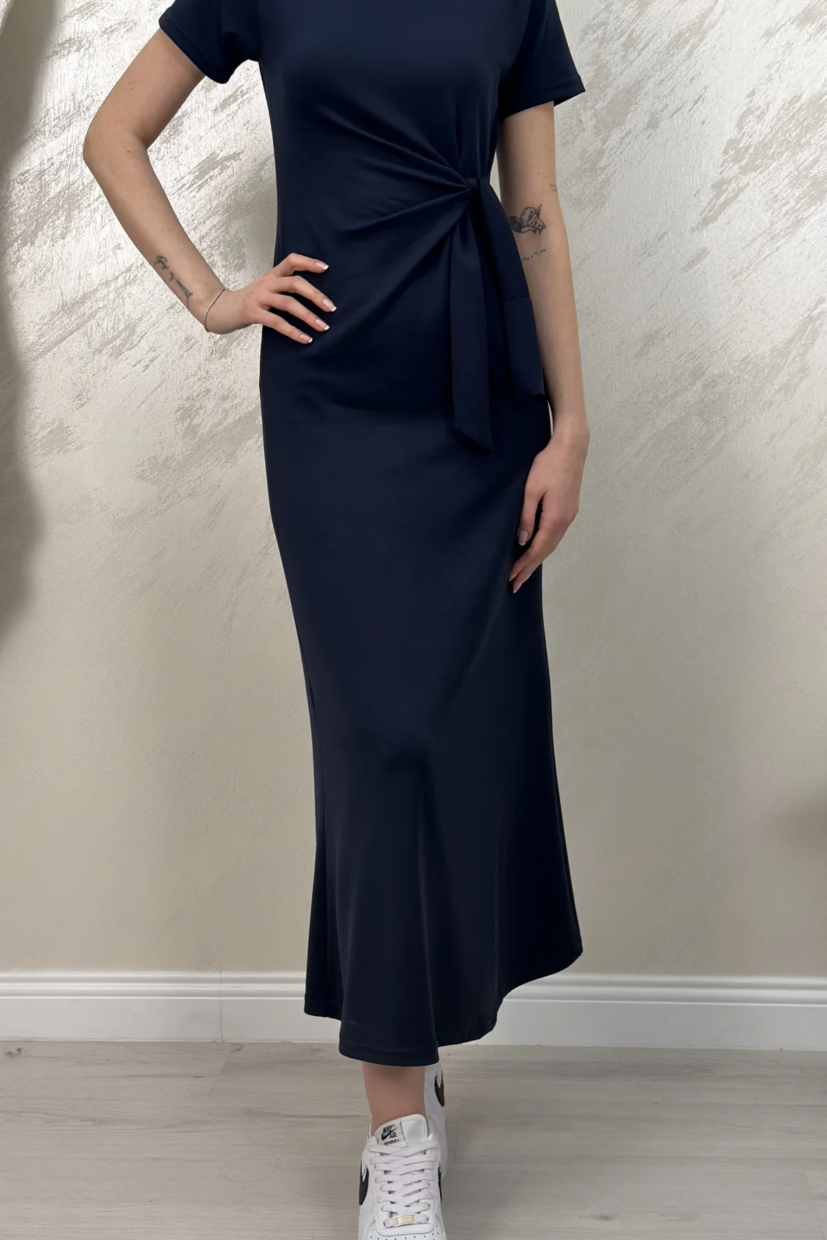 BELİ BAĞLAMALI MODAL KUMAŞ ELBİSE- LACİVERT