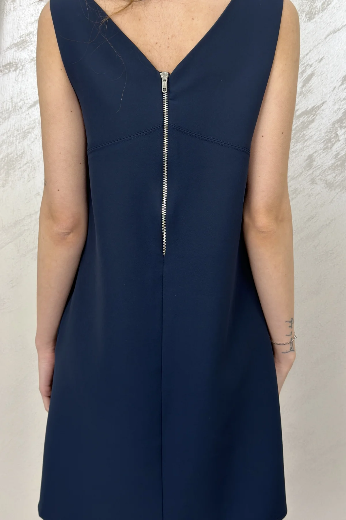 BİSİKLET YAKA ASTARLI İÇ CEPLİ ELBİSE- LACİVERT