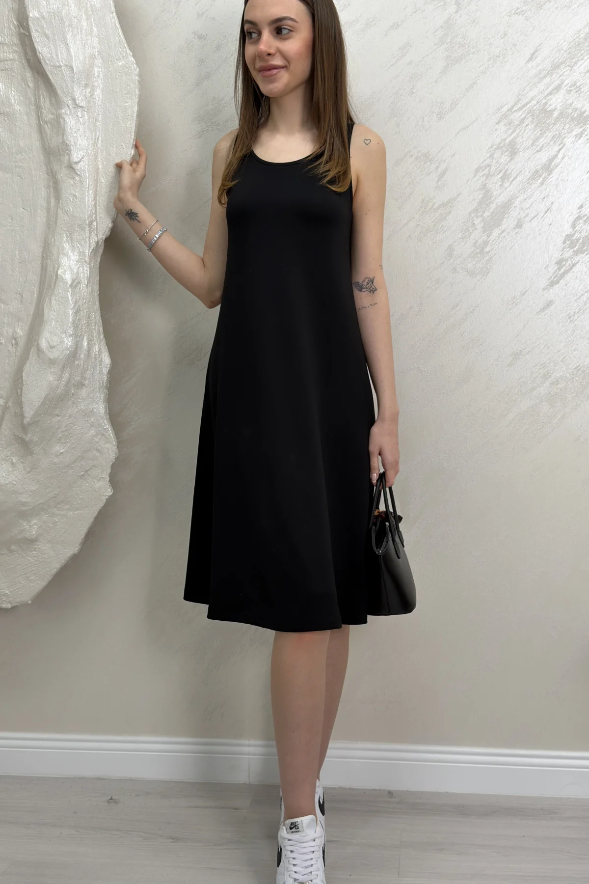 SIFIR KOL MODAL KUMAŞ ELBİSE- SİYAH