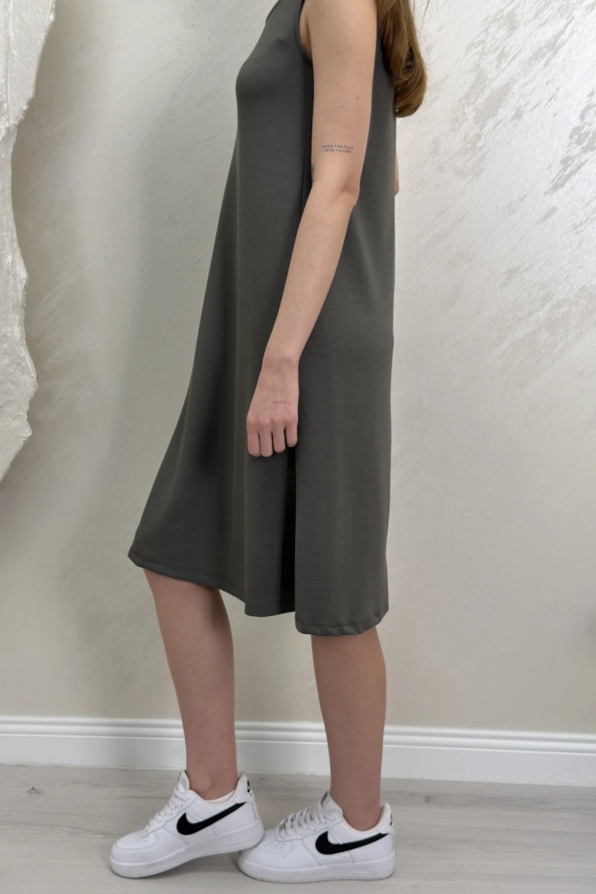 SIFIR KOL MODAL KUMAŞ ELBİSE- YAĞ YEŞİL