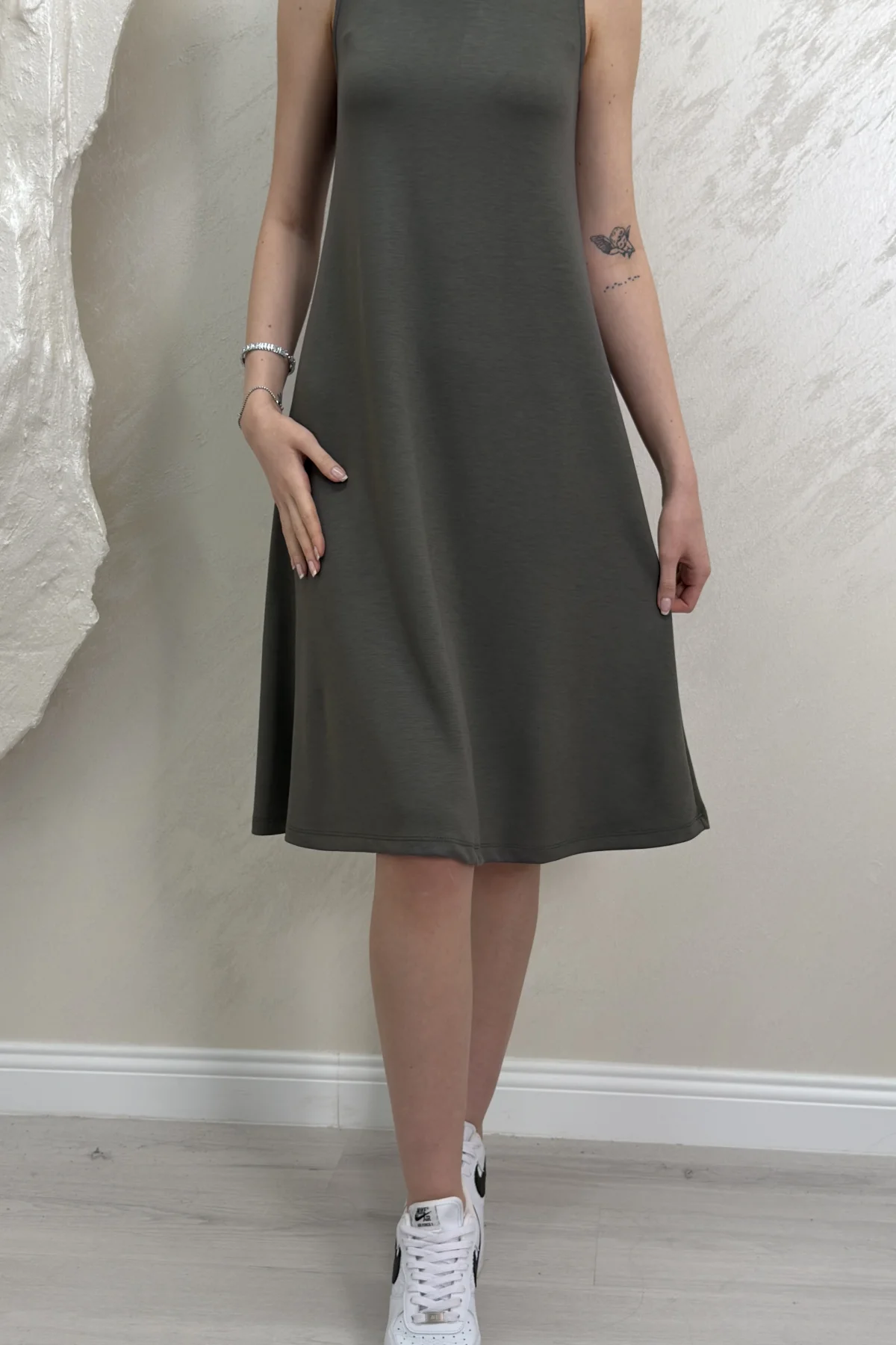 SIFIR KOL MODAL KUMAŞ ELBİSE- YAĞ YEŞİL