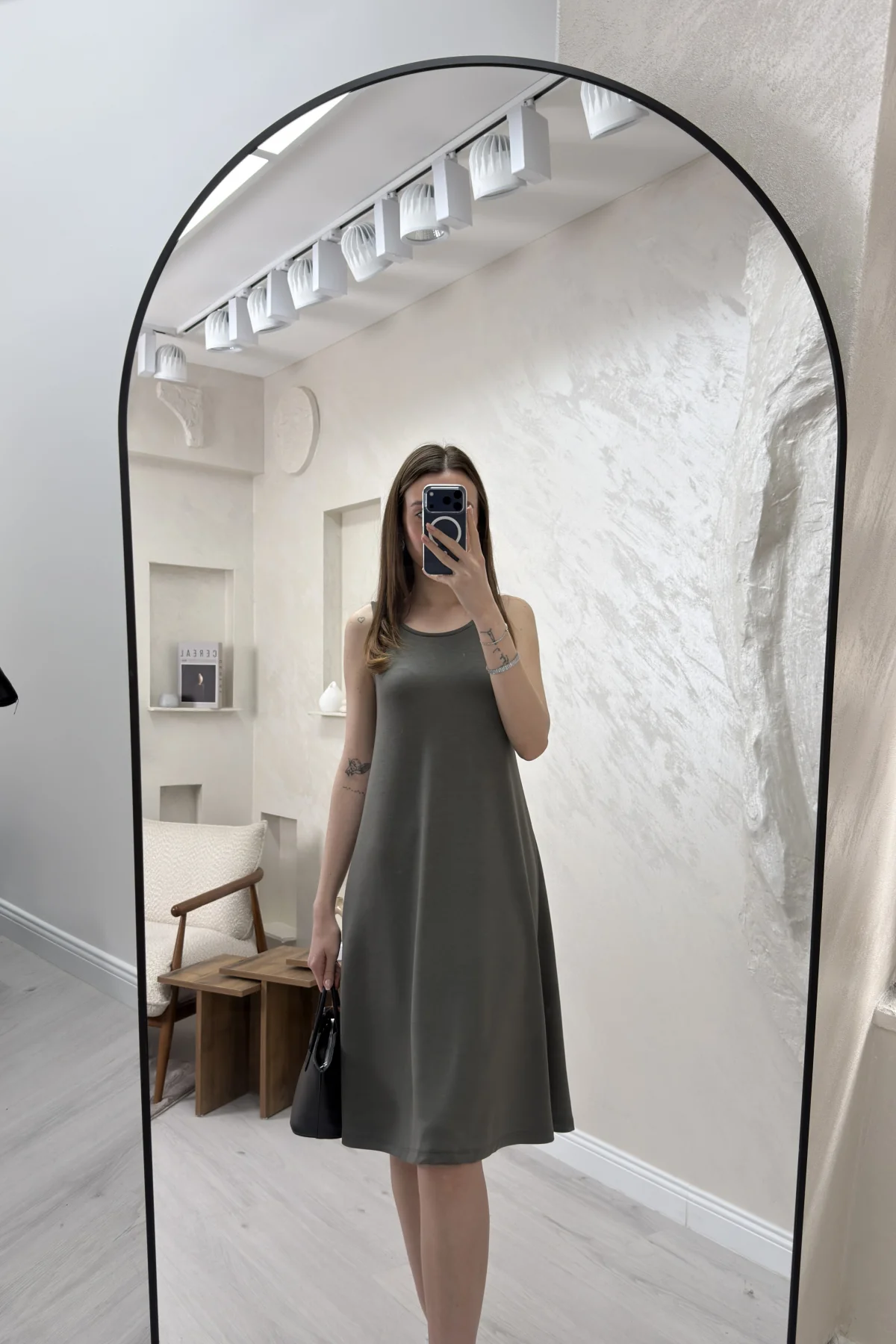 SIFIR KOL MODAL KUMAŞ ELBİSE- YAĞ YEŞİL