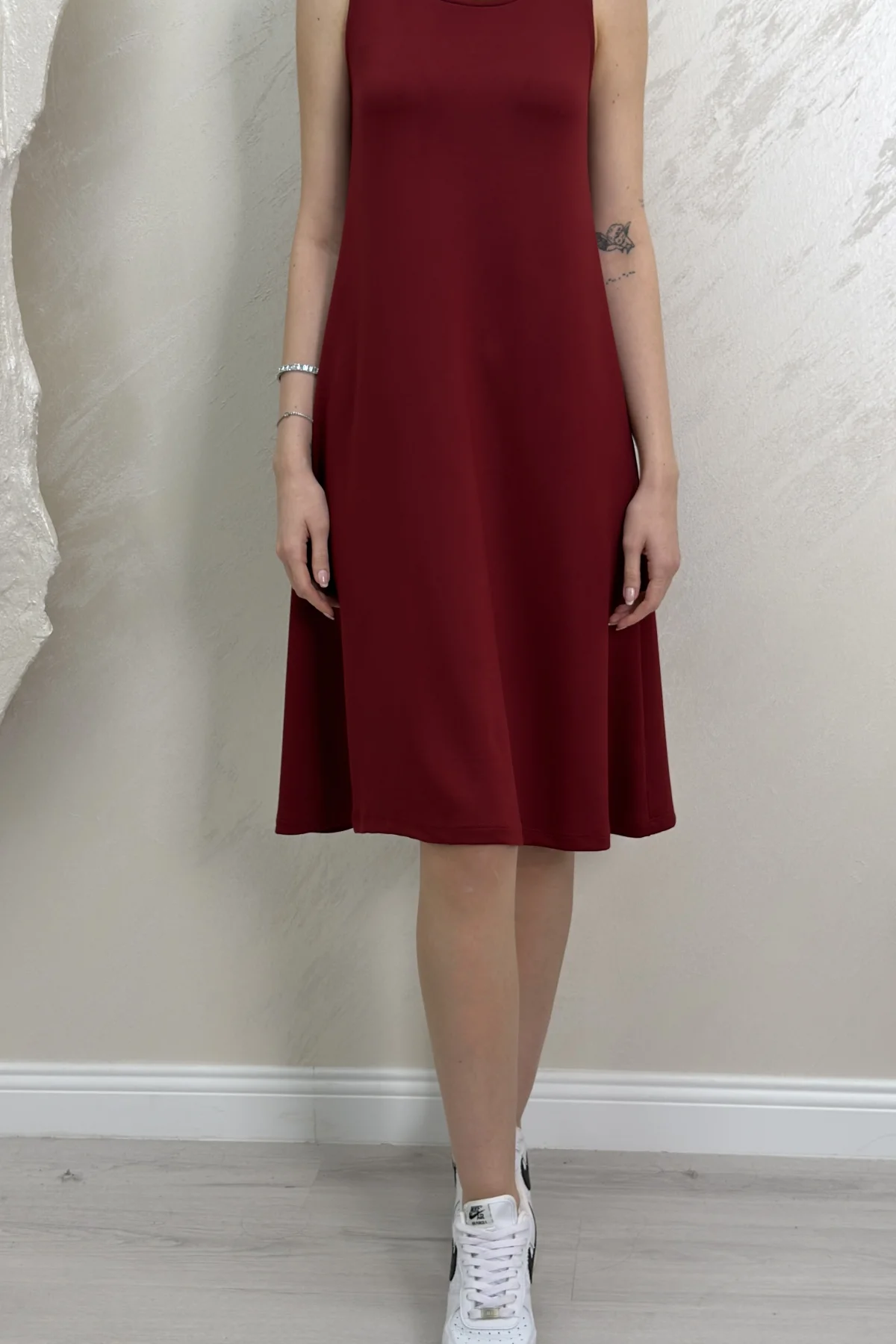 SIFIR KOL MODAL KUMAŞ ELBİSE- BORDO