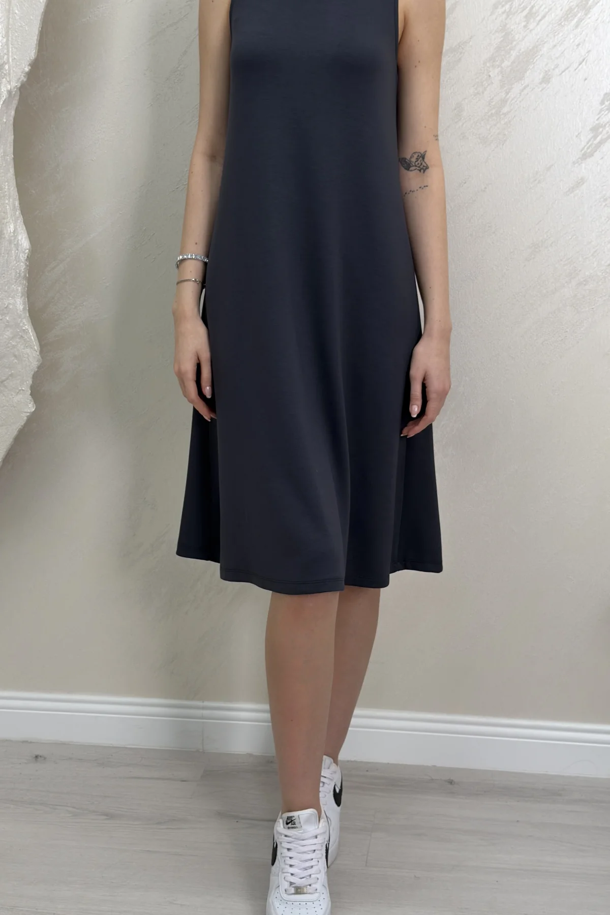 SIFIR KOL MODAL KUMAŞ ELBİSE-GRİ