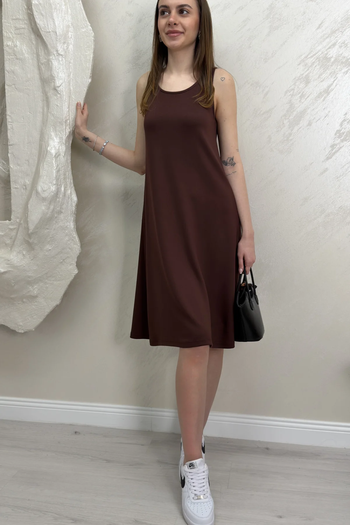 SIFIR KOL MODAL KUMAŞ ELBİSE- KAHVERENGİ