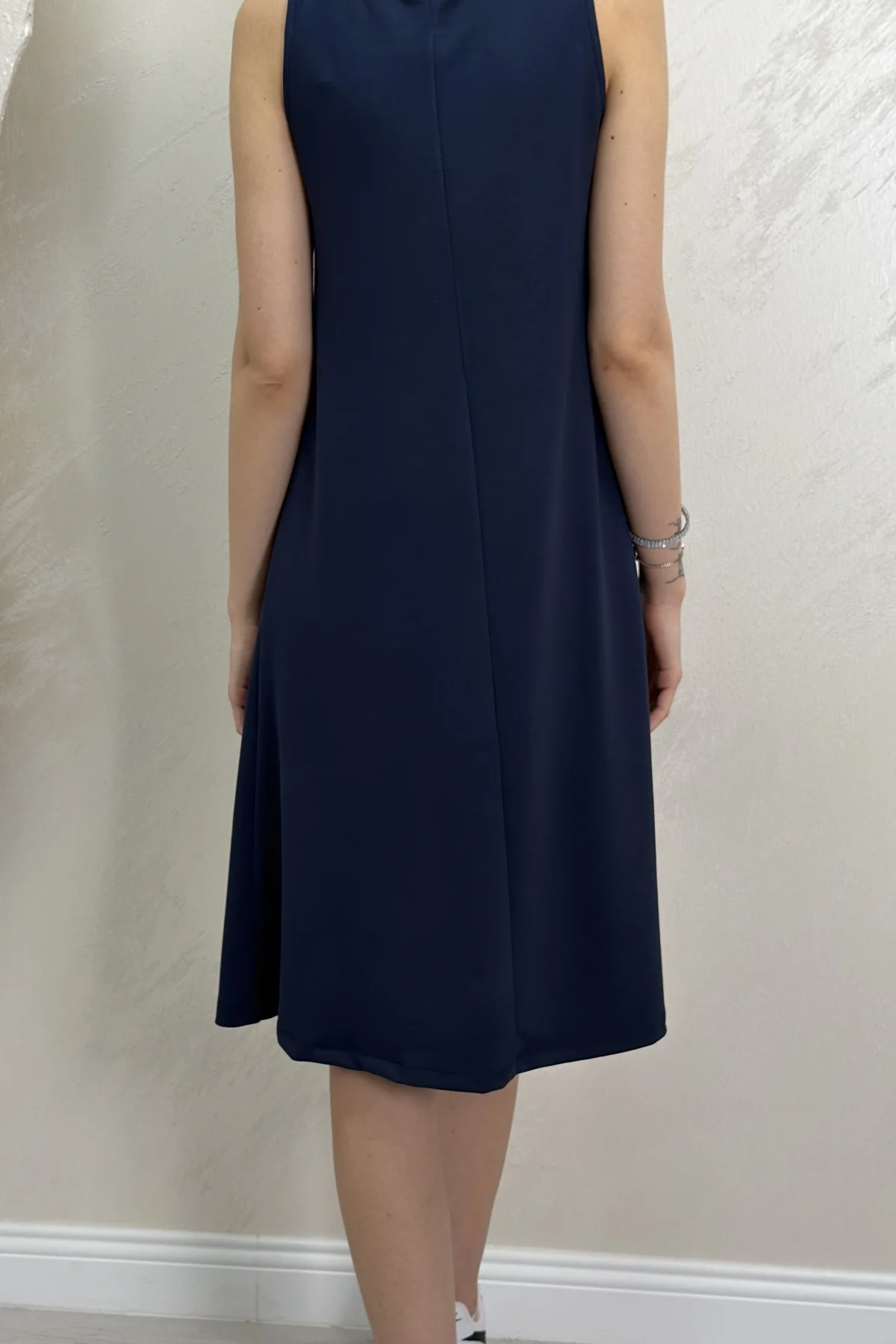 SIFIR KOL MODAL KUMAŞ ELBİSE- LACİVERT