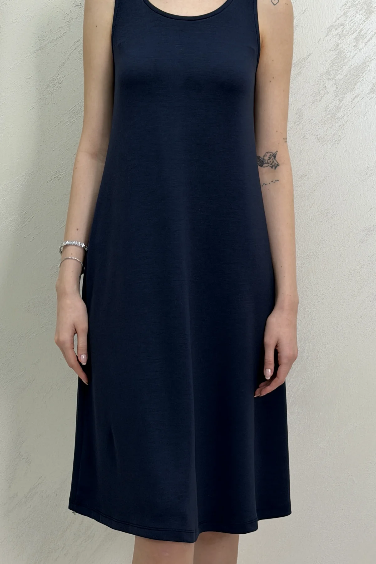SIFIR KOL MODAL KUMAŞ ELBİSE- LACİVERT