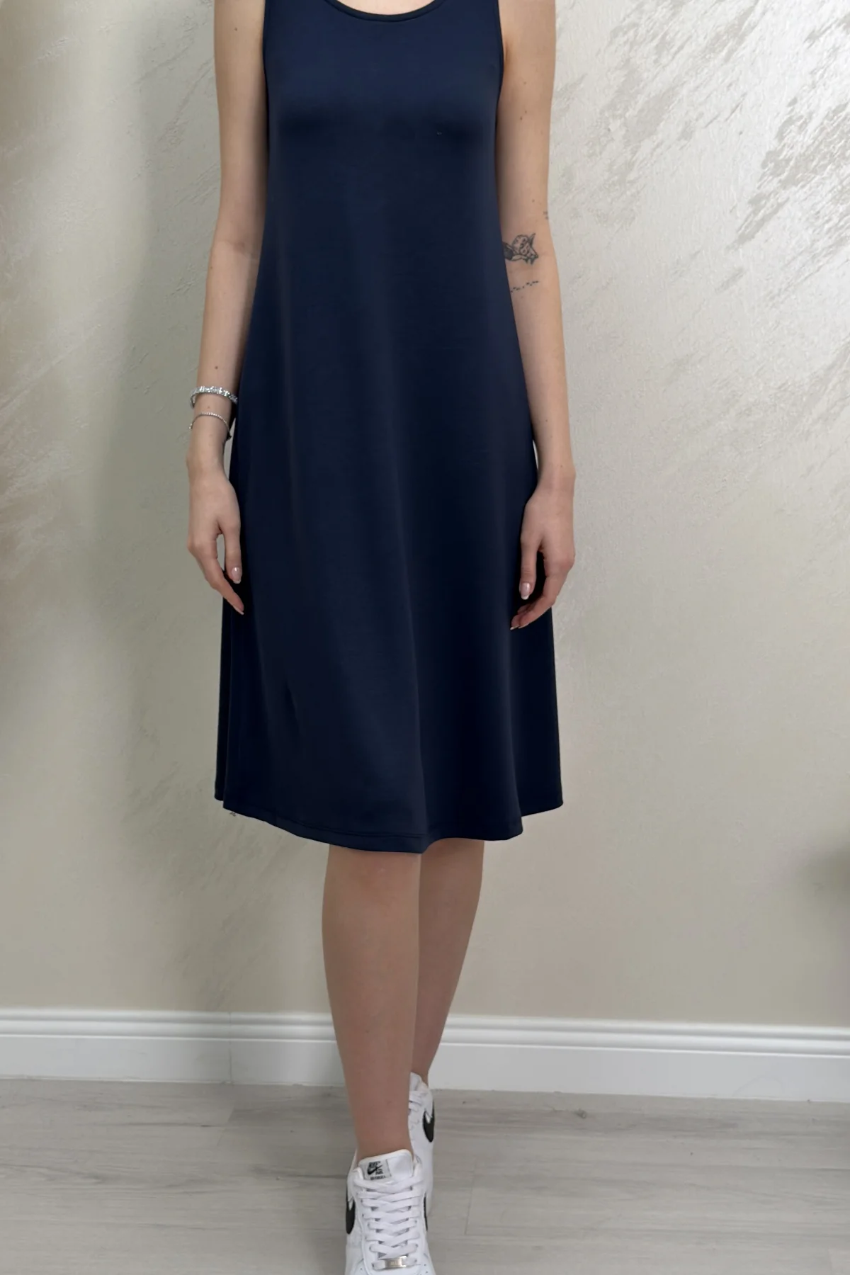 SIFIR KOL MODAL KUMAŞ ELBİSE- LACİVERT