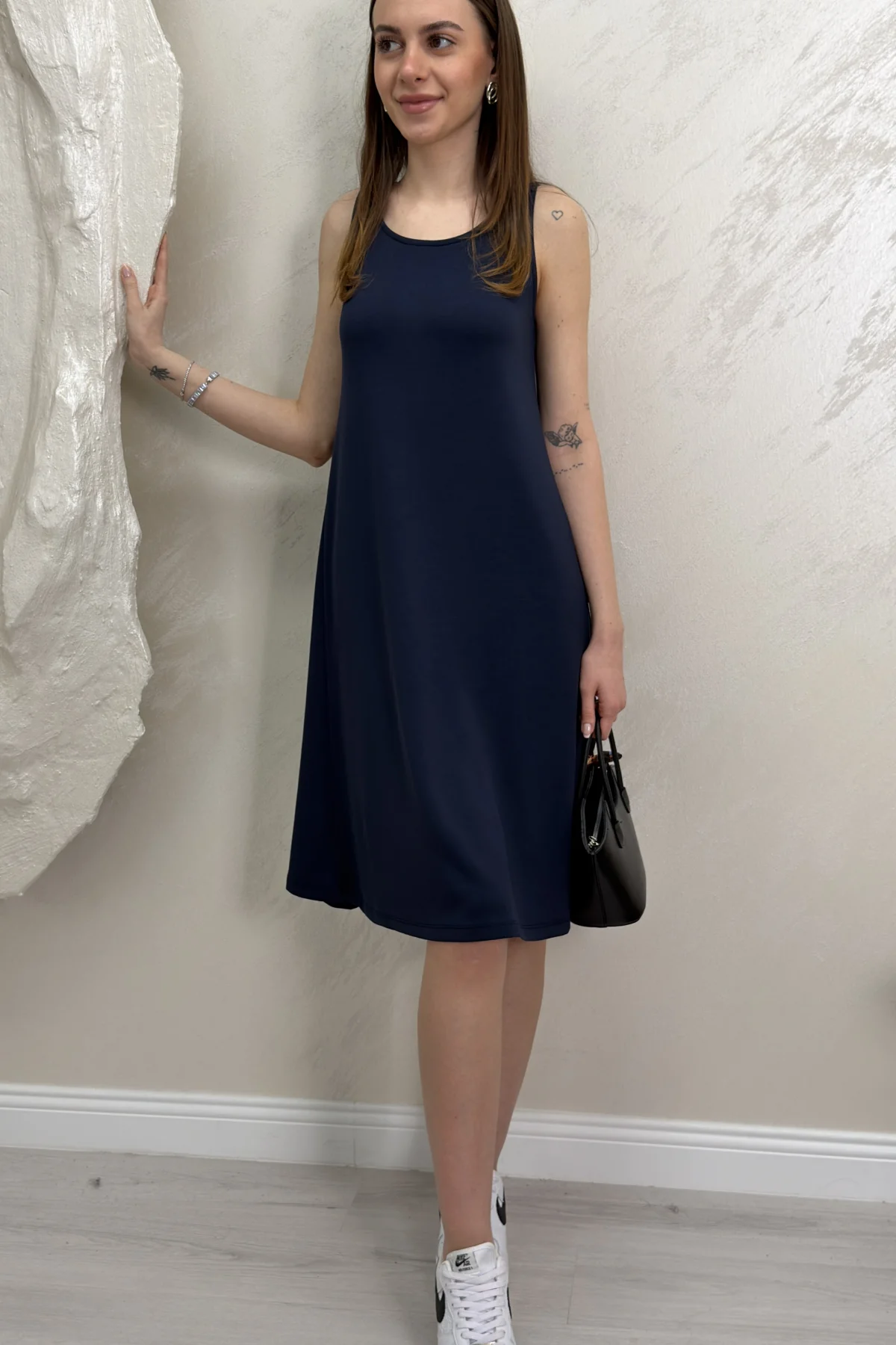 SIFIR KOL MODAL KUMAŞ ELBİSE- LACİVERT