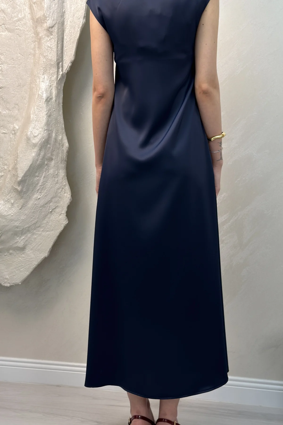 SATEN MAXİ ELBİSE- LACİVERT