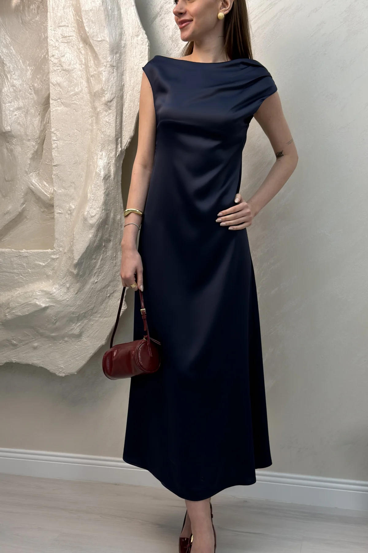 SATEN MAXİ ELBİSE- LACİVERT