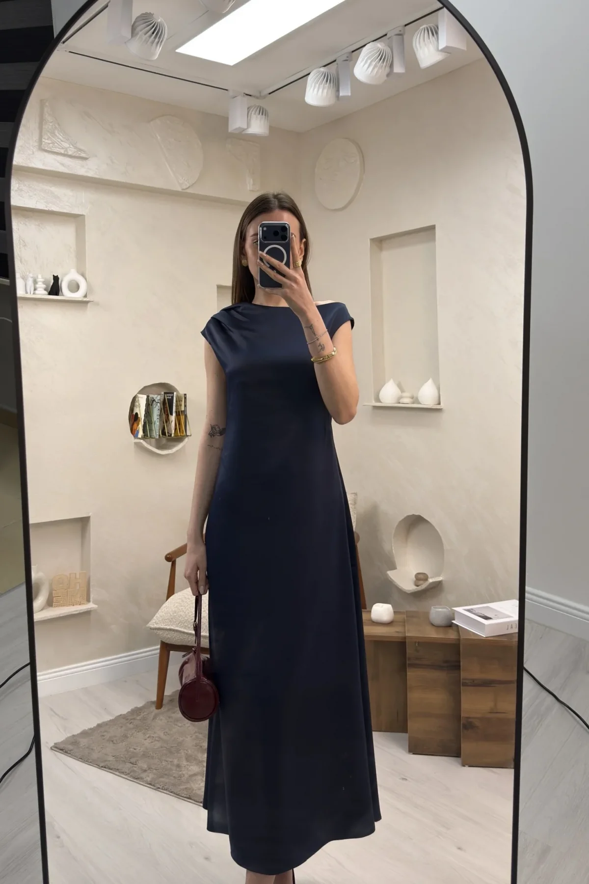 SATEN MAXİ ELBİSE- LACİVERT