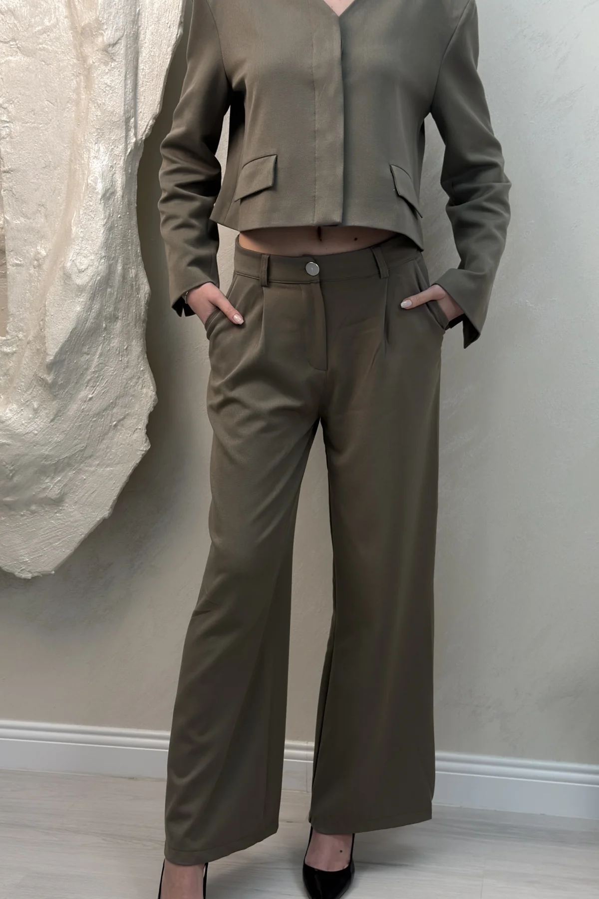 ÇİFT CEP CROP CEKET DETAYLI TAKIM- HAKİ