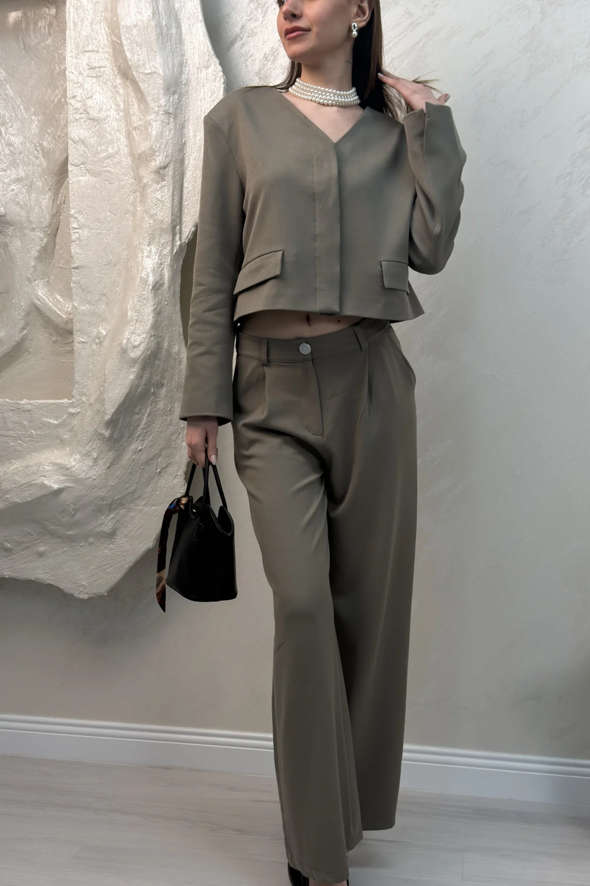 ÇİFT CEP CROP CEKET DETAYLI TAKIM- HAKİ