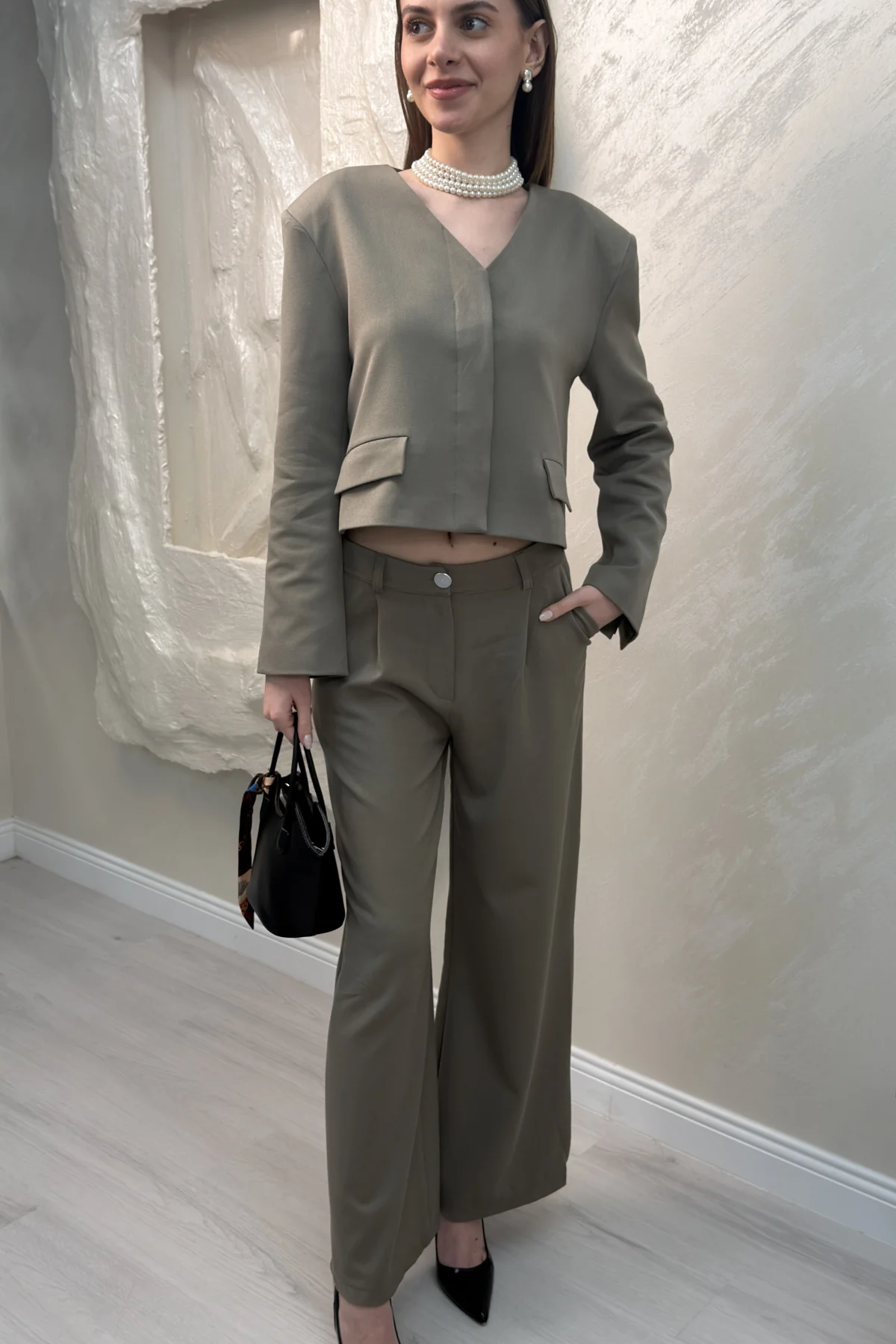 ÇİFT CEP CROP CEKET DETAYLI TAKIM- HAKİ