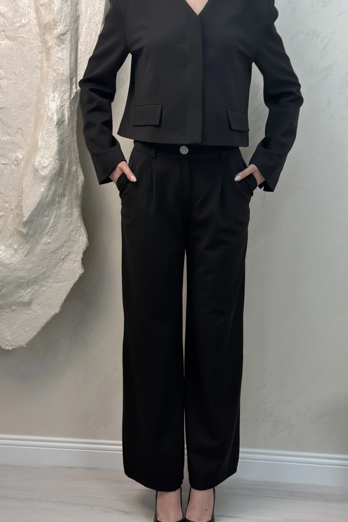 ÇİFT CEP CROP CEKET DETAYLI TAKIM- SİYAH