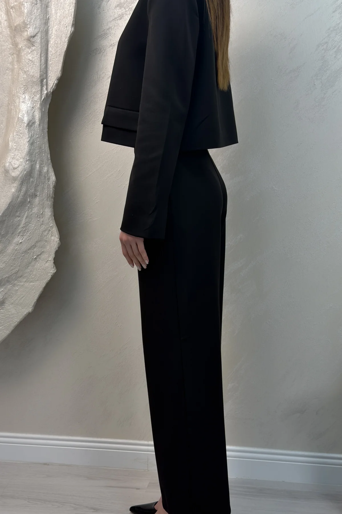 ÇİFT CEP CROP CEKET DETAYLI TAKIM- SİYAH